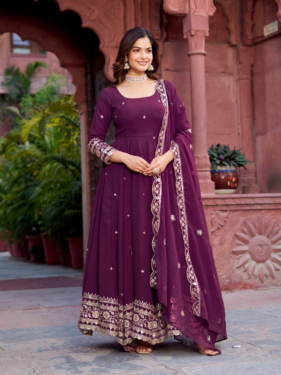 Trendy Faux Georgette Long Gown Set with Designer Dupatta and Pant - Image 8