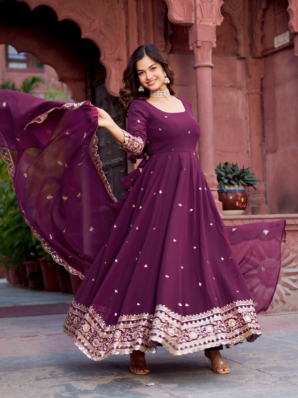 Trendy Faux Georgette Long Gown Set with Designer Dupatta and Pant - Image 9