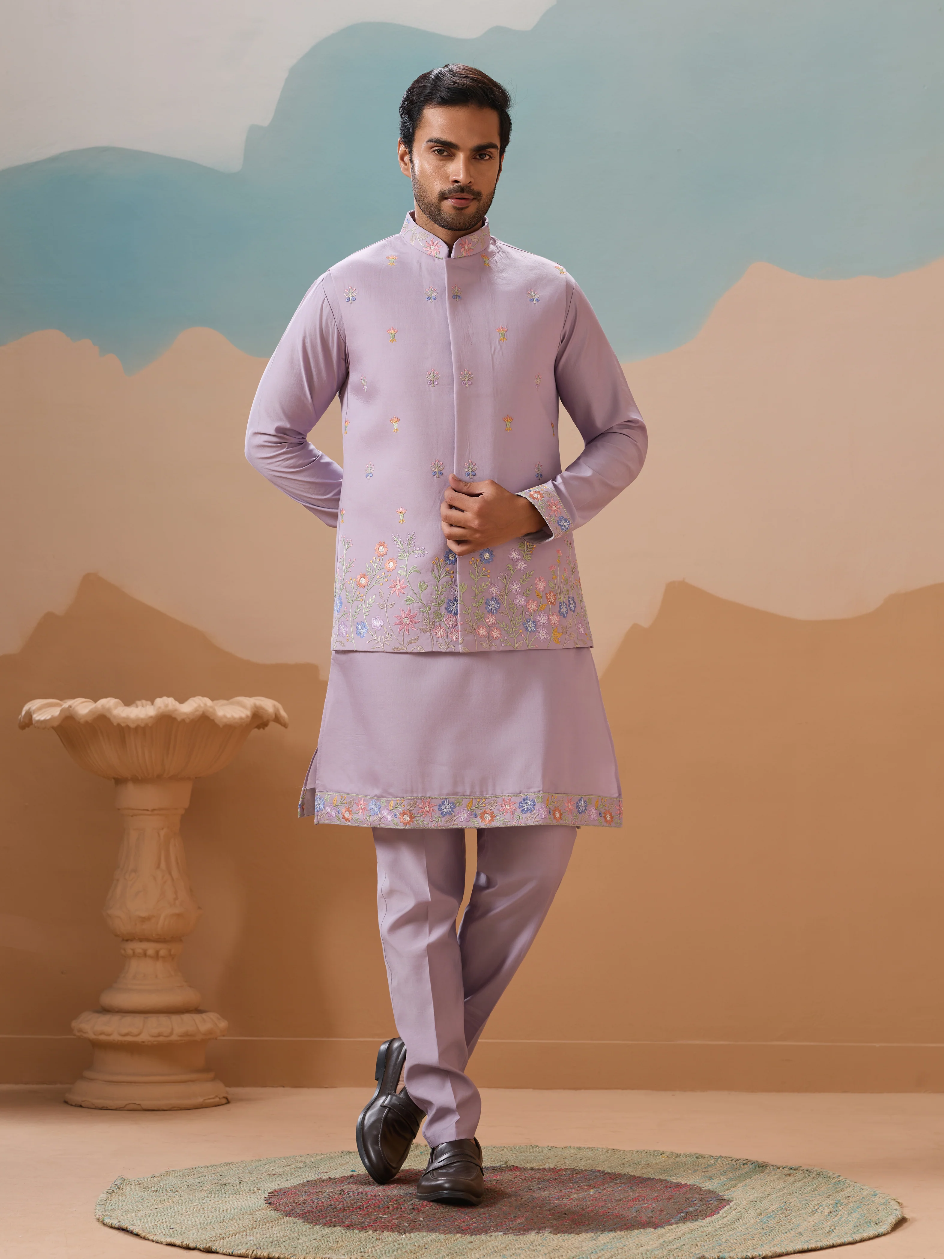 Trendy Lavender Wedding Celebration Kurta Jacket With Pant For Mens - Image 3