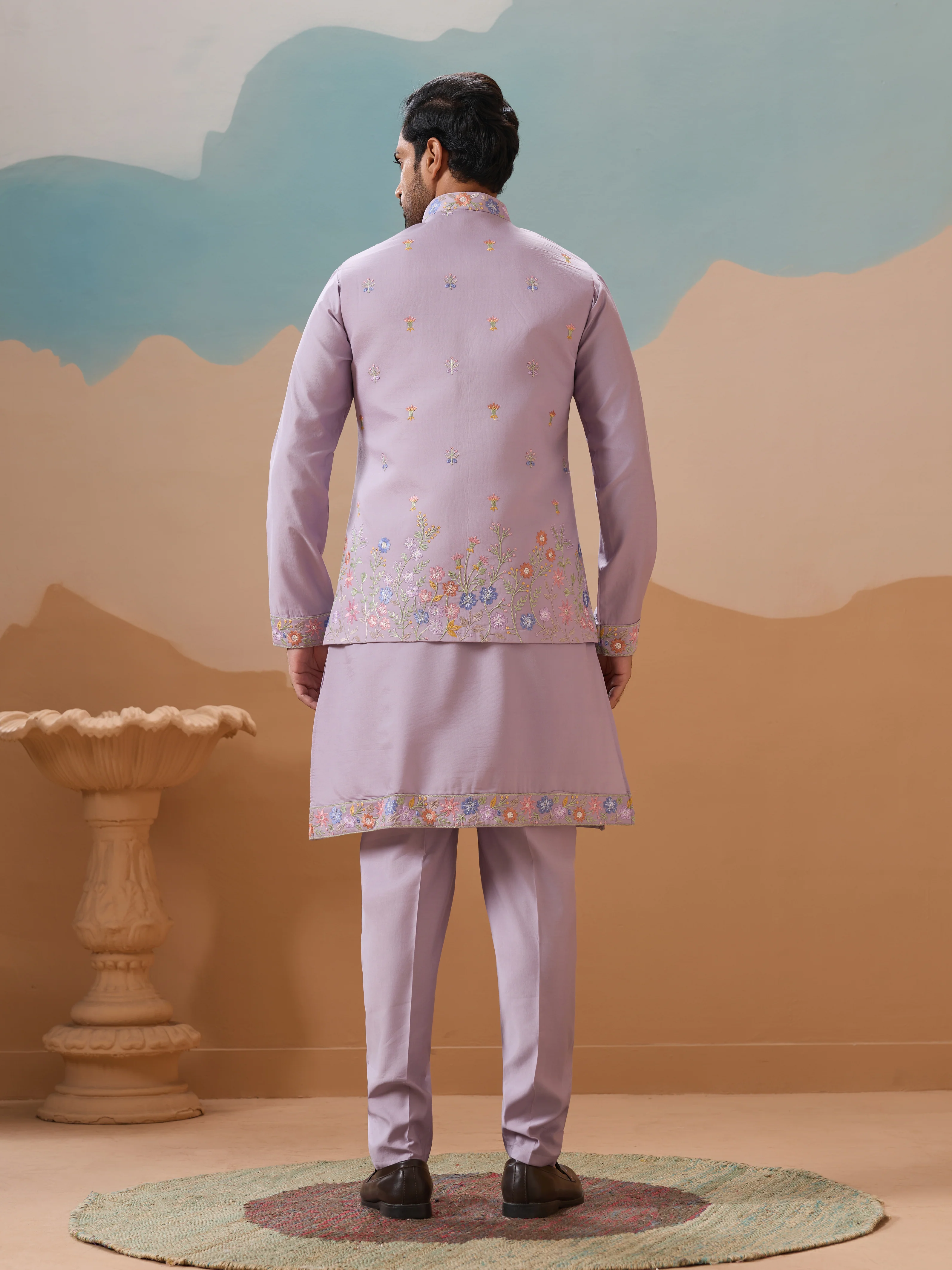 Trendy Lavender Wedding Celebration Kurta Jacket With Pant For Mens - Image 5