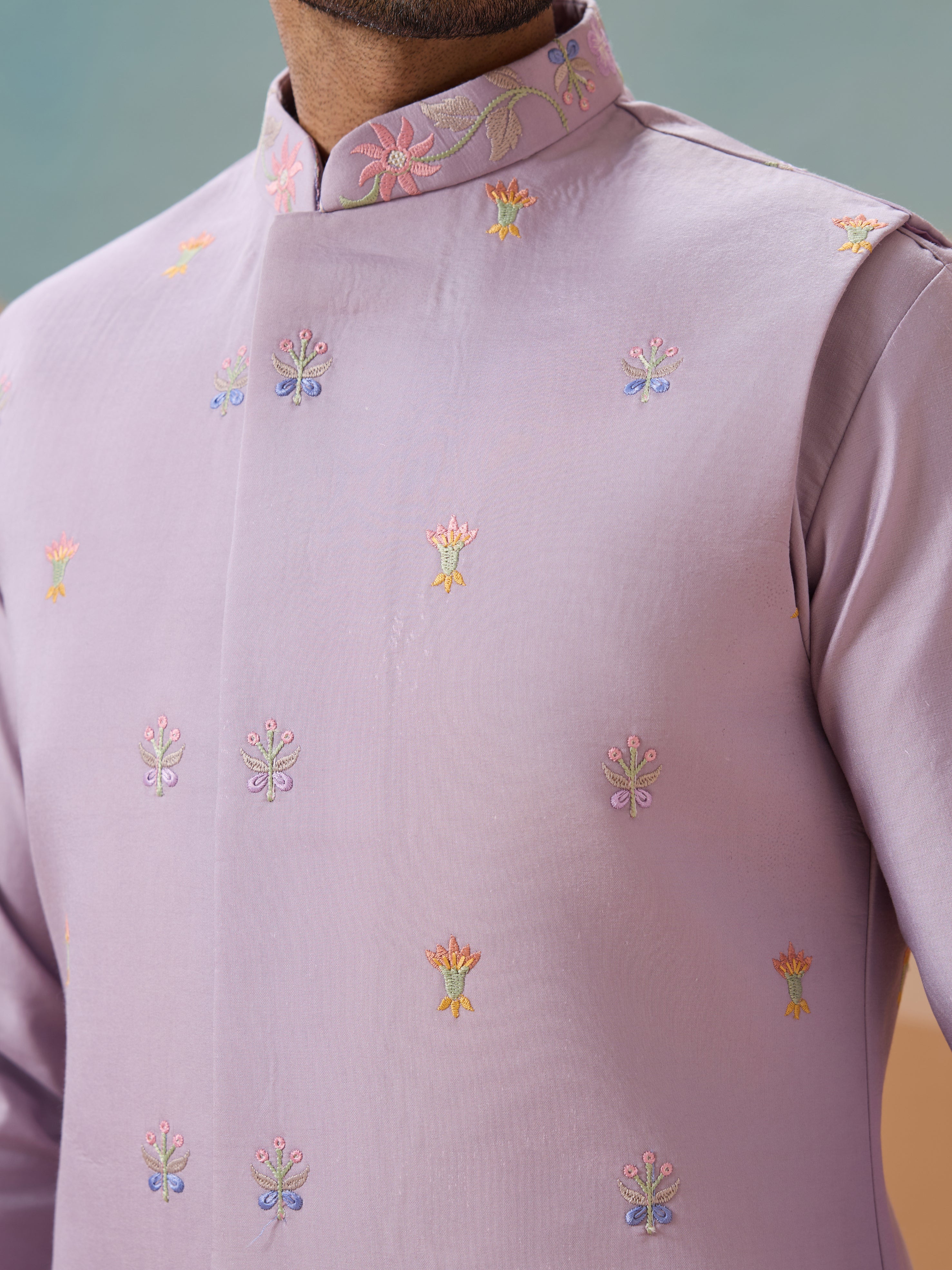 Trendy Lavender Wedding Celebration Kurta Jacket With Pant For Mens - Image 7
