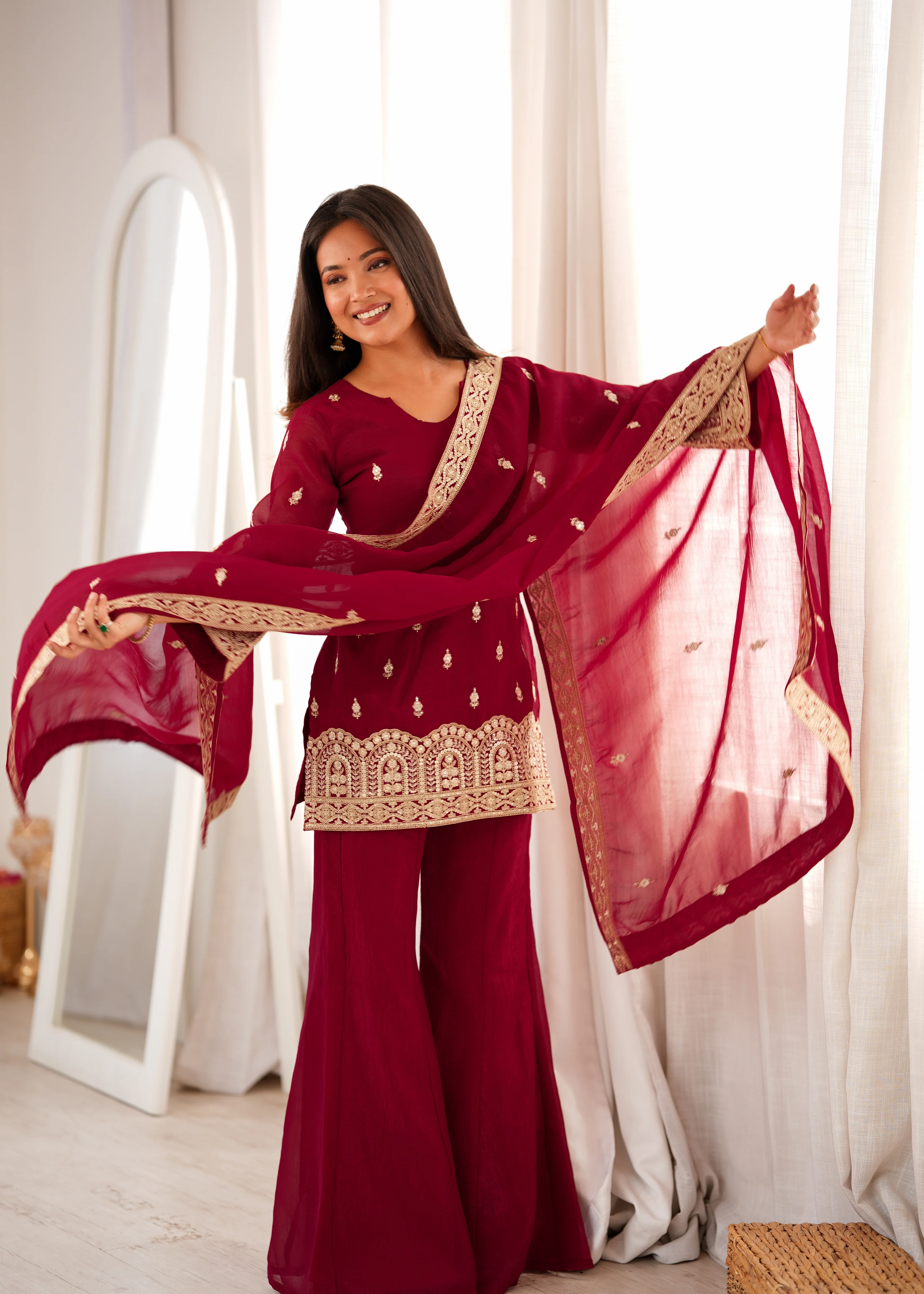 Trendy Maroon Crunchy Silk Fancy Work Kurta Pant Dupatta Set - Image 2