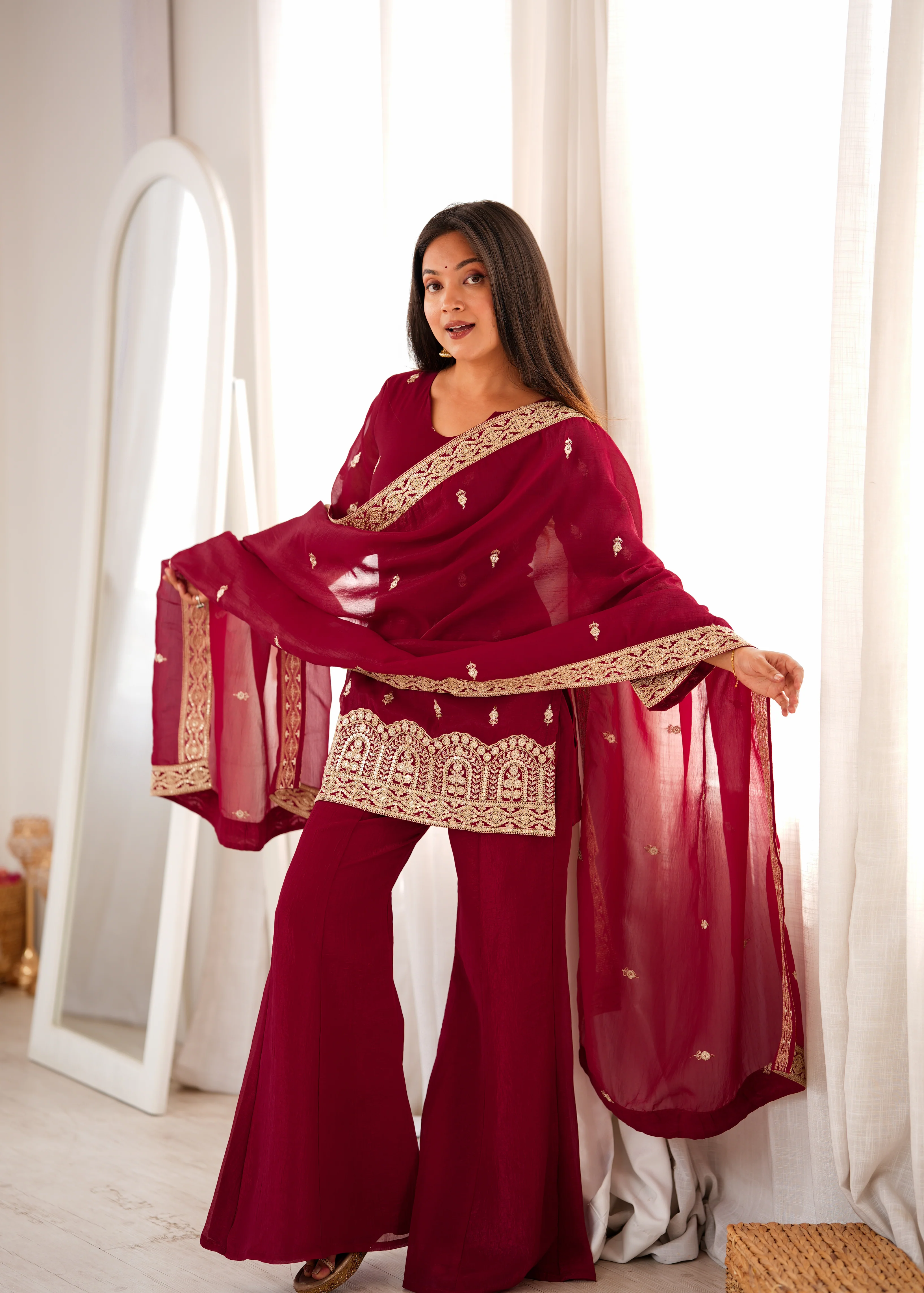 Trendy Maroon Crunchy Silk Fancy Work Kurta Pant Dupatta Set - Image 3