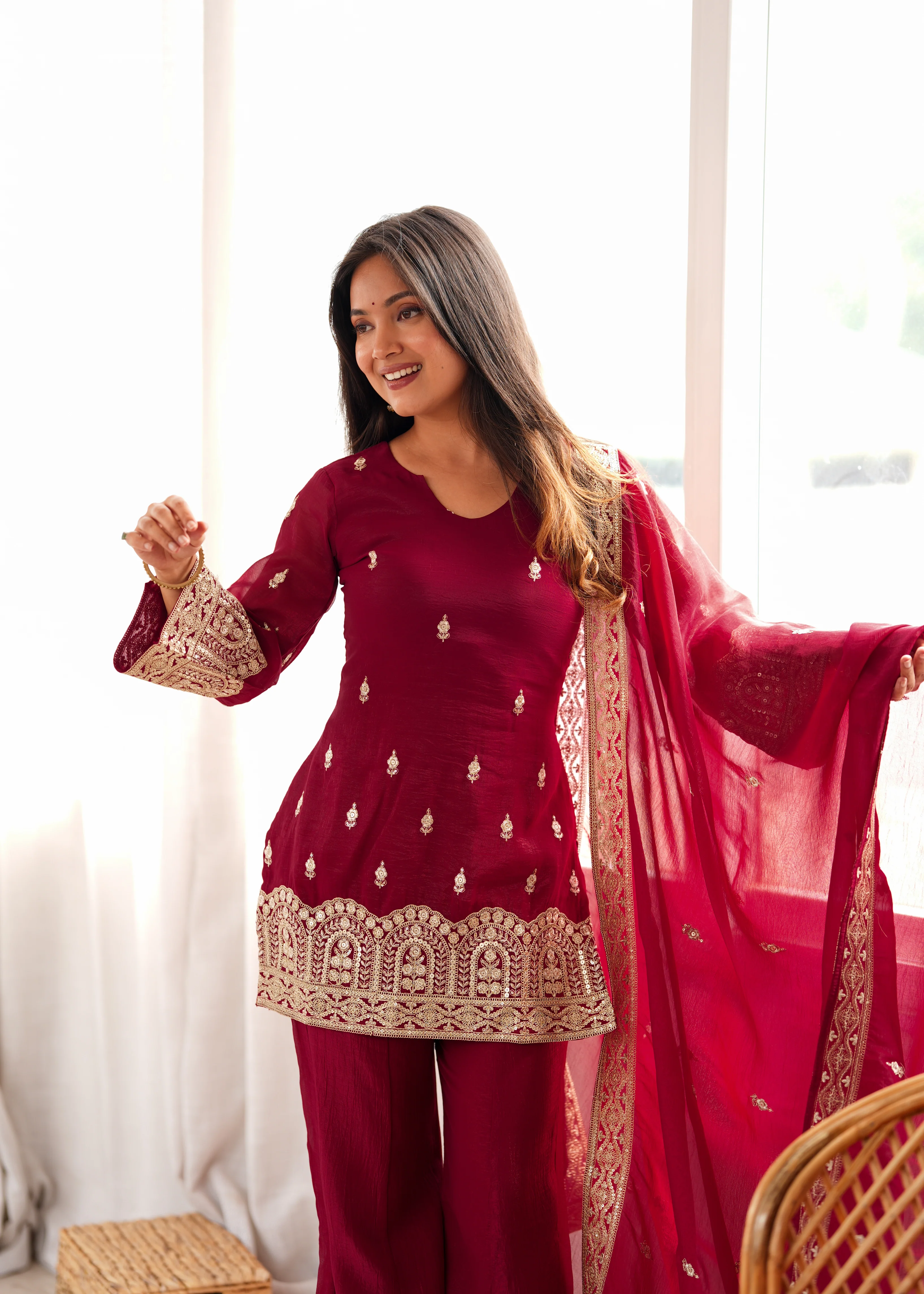 Trendy Maroon Crunchy Silk Fancy Work Kurta Pant Dupatta Set - Image 4