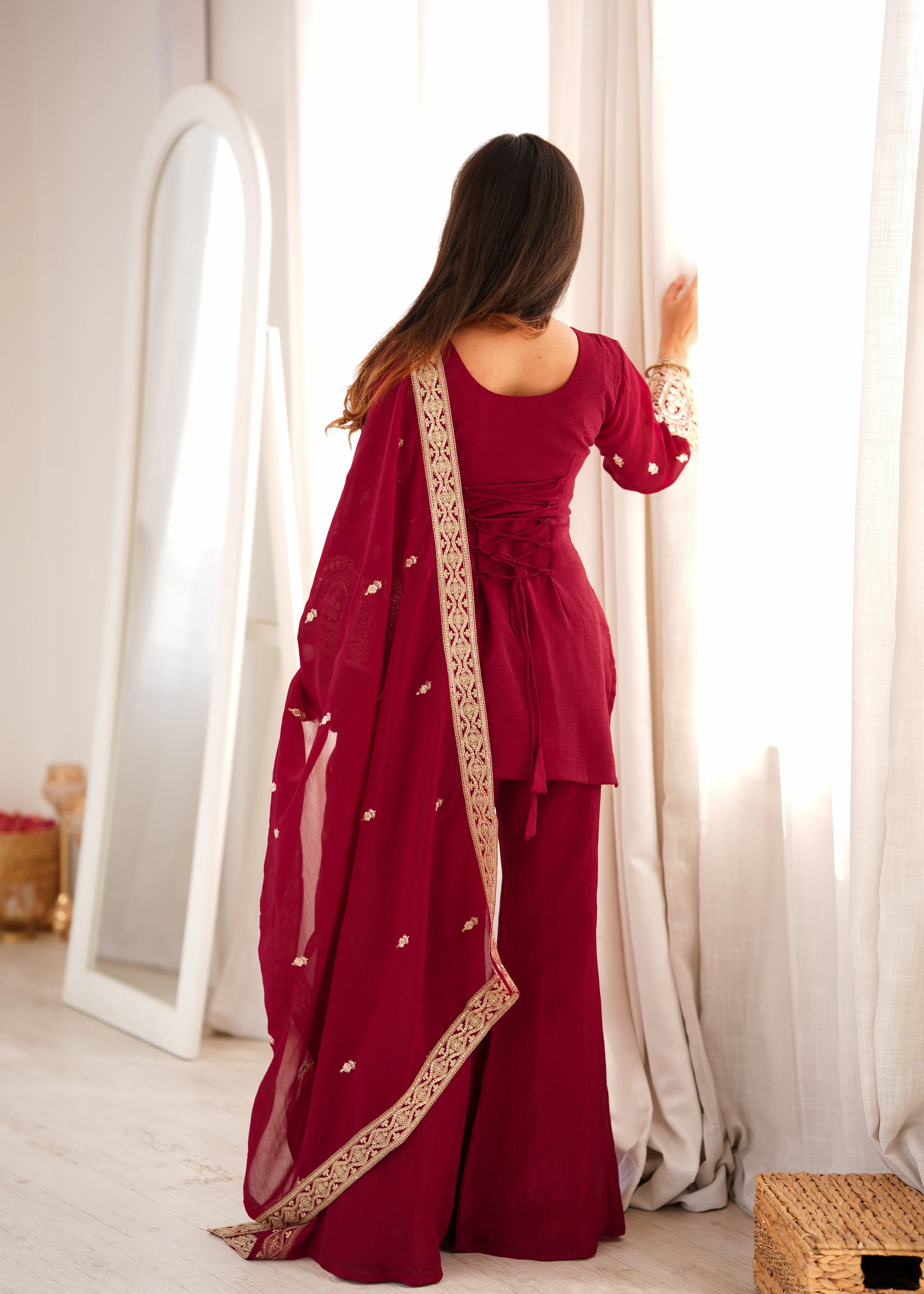 Trendy Maroon Crunchy Silk Fancy Work Kurta Pant Dupatta Set - Image 5