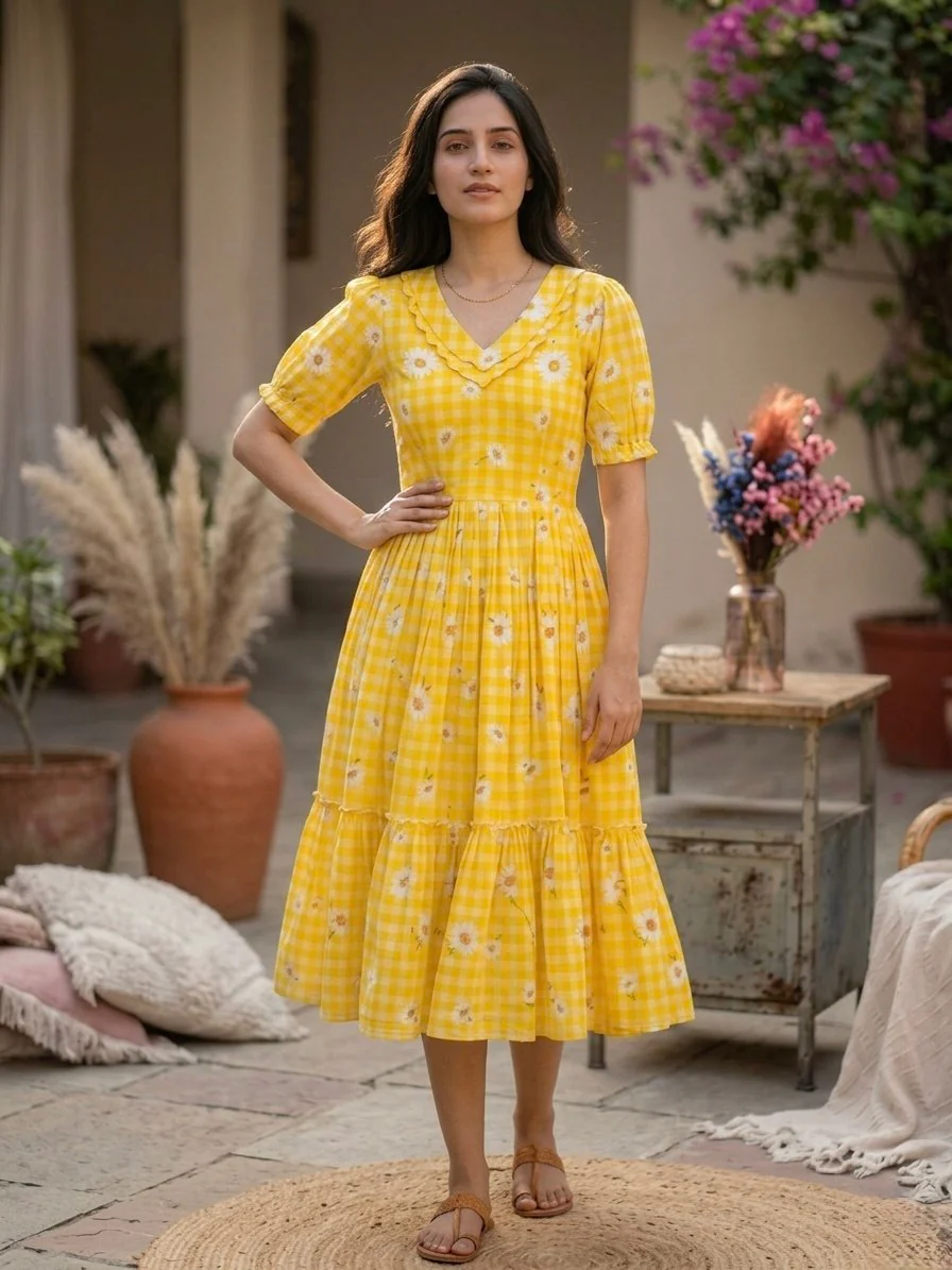 Trendy Muslin Silk Gingham Print Frill Pattern Kurti for Women