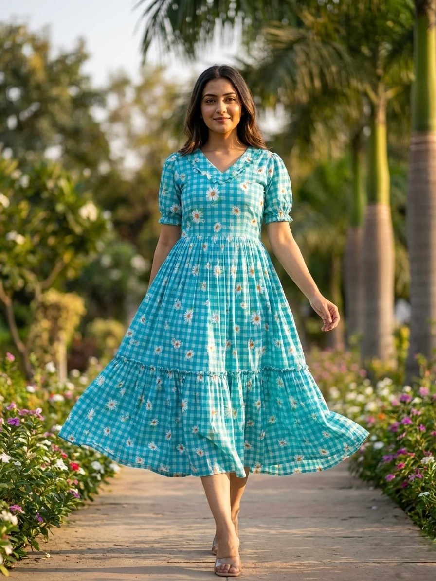 Trendy Muslin Silk Gingham Print Frill Pattern Kurti for Women - Image 11