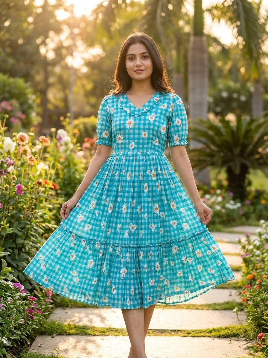 Trendy Muslin Silk Gingham Print Frill Pattern Kurti for Women - Image 12