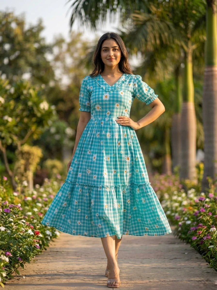 Trendy Muslin Silk Gingham Print Frill Pattern Kurti for Women - Image 13