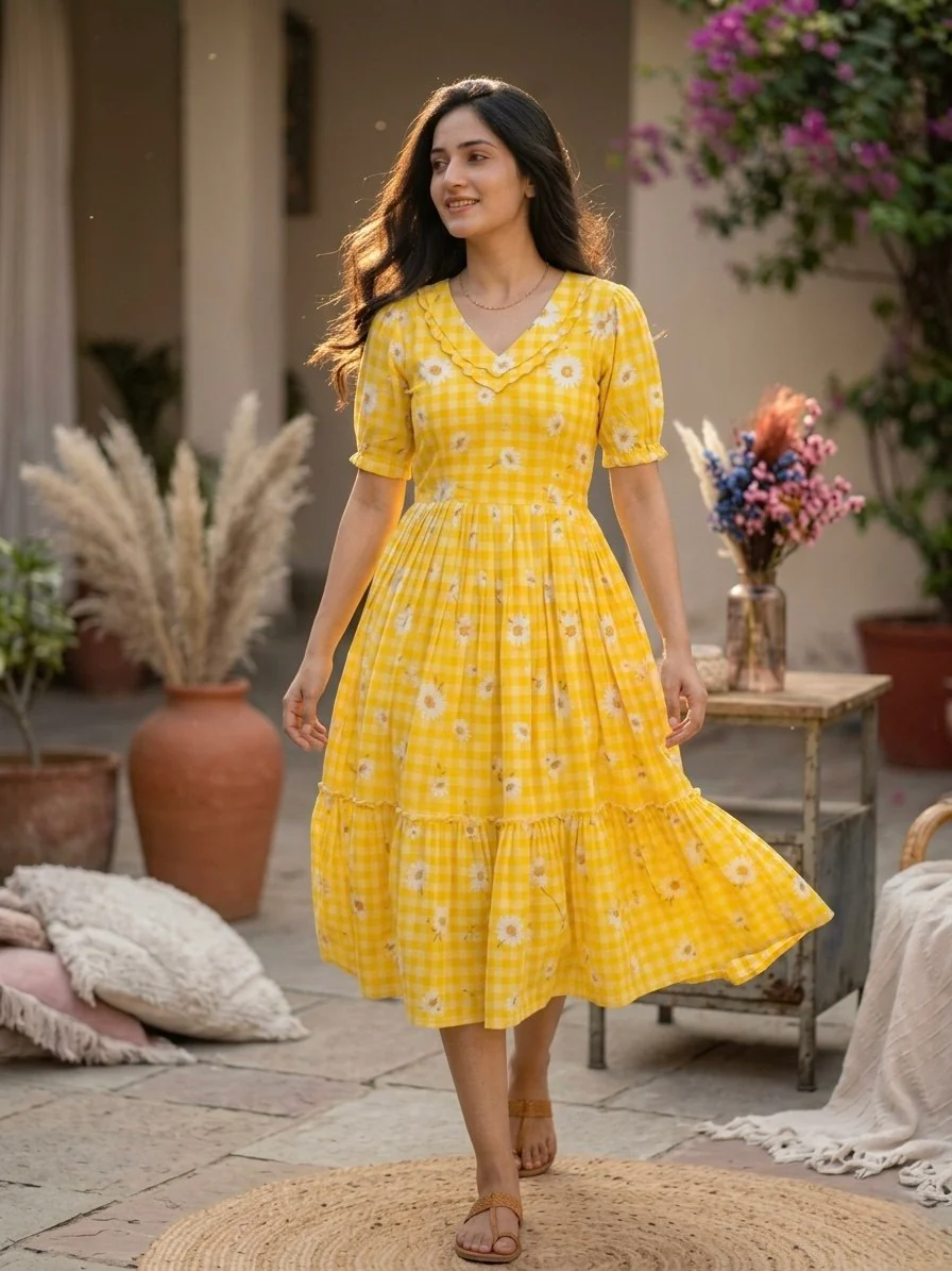 Trendy Muslin Silk Gingham Print Frill Pattern Kurti for Women - Image 2