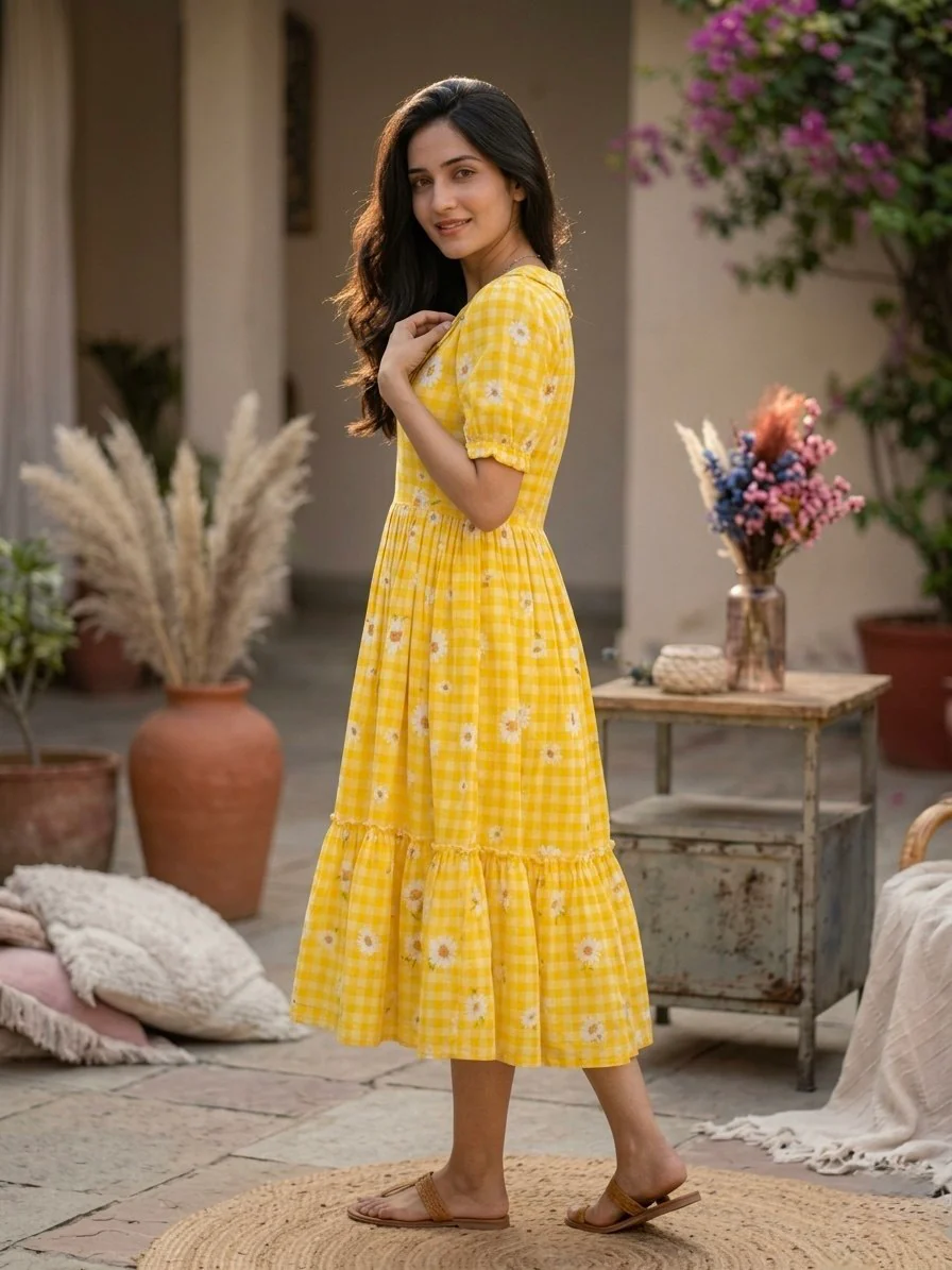 Trendy Muslin Silk Gingham Print Frill Pattern Kurti for Women - Image 3