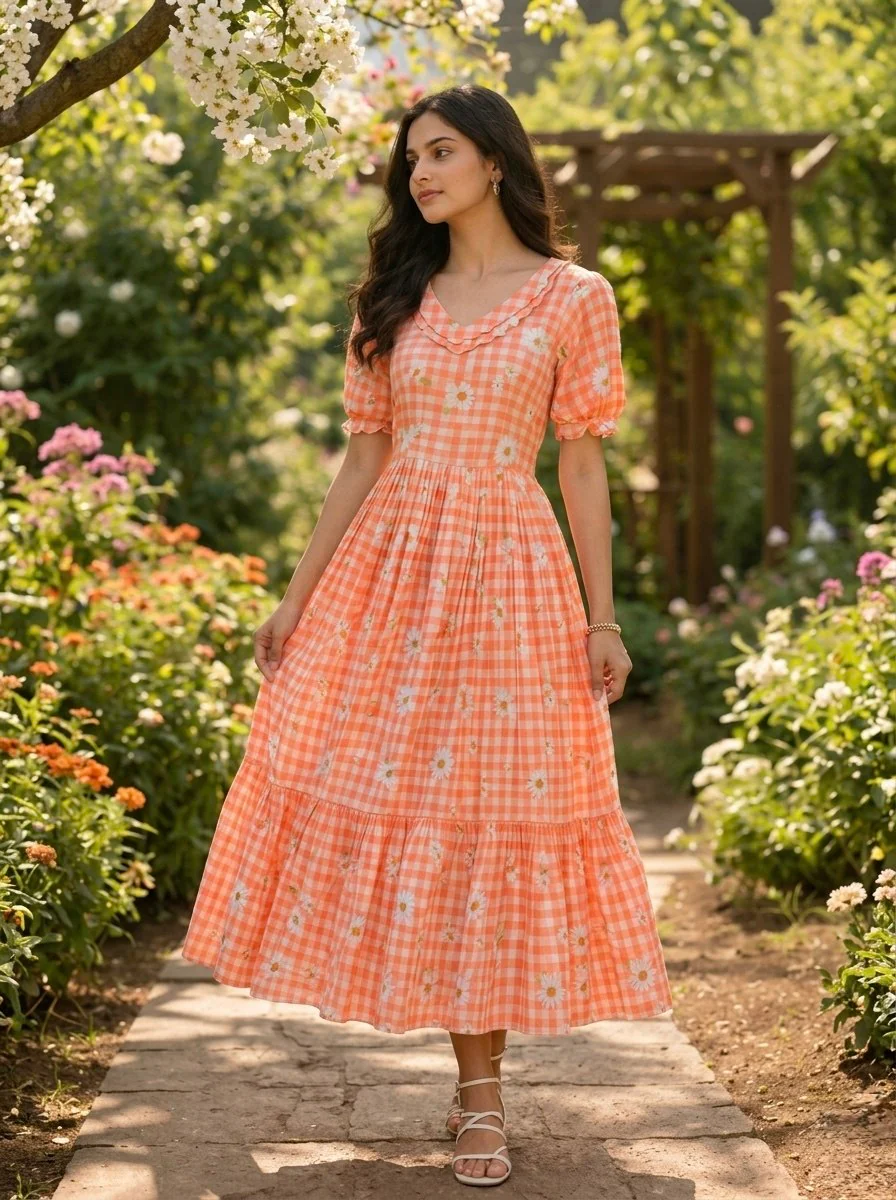 Trendy Muslin Silk Gingham Print Frill Pattern Kurti for Women - Image 4