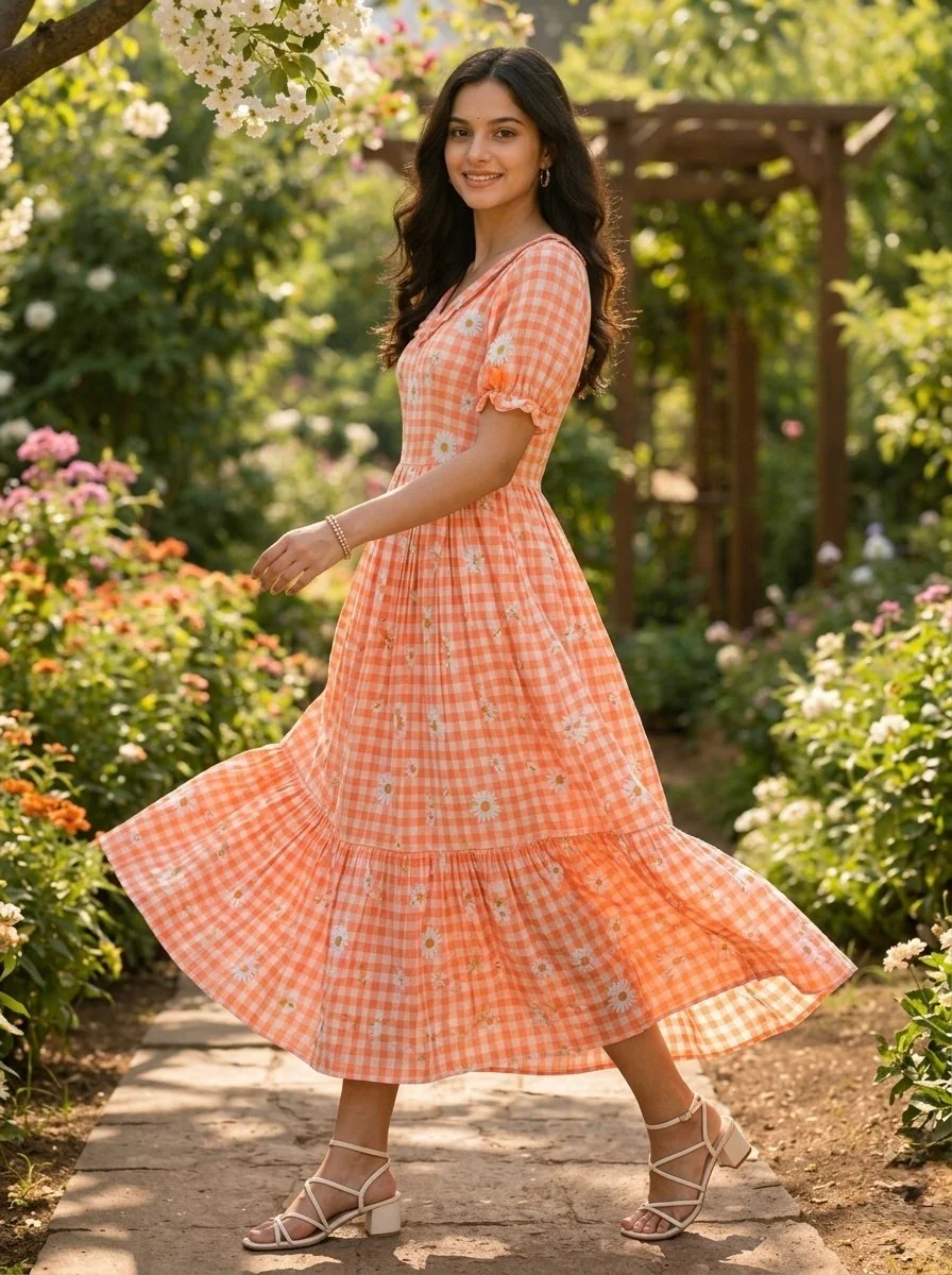 Trendy Muslin Silk Gingham Print Frill Pattern Kurti for Women - Image 5
