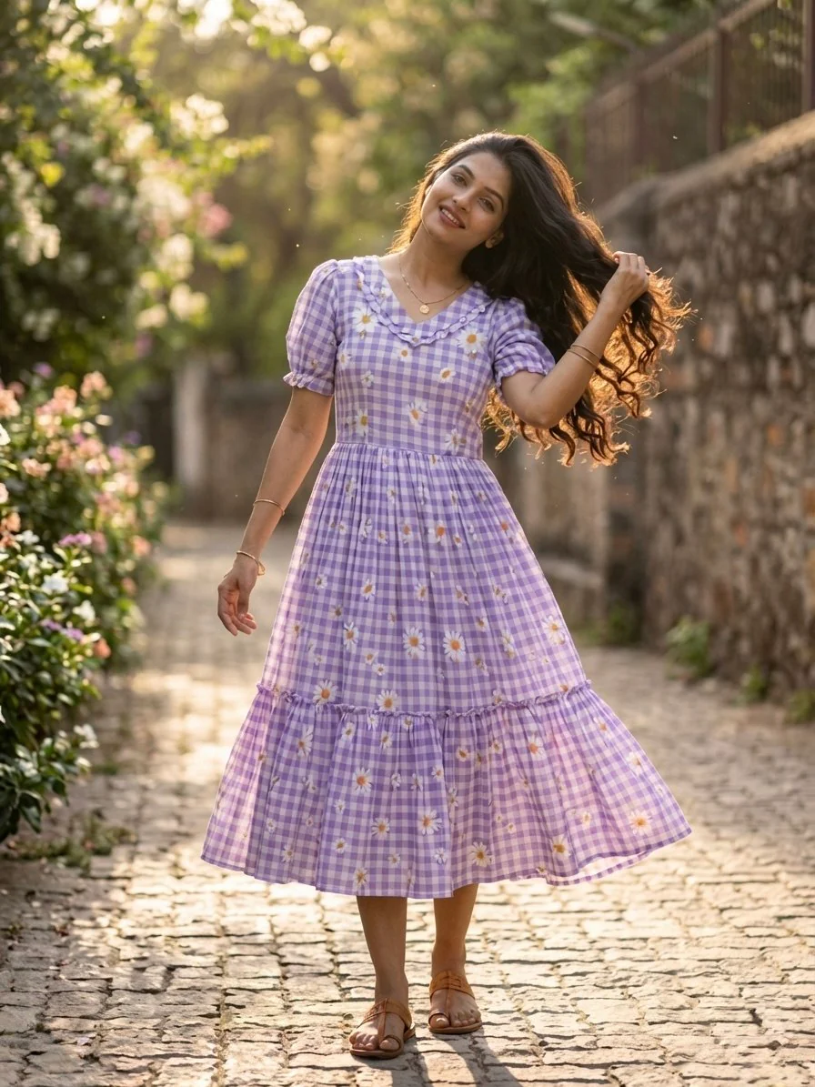Trendy Muslin Silk Gingham Print Frill Pattern Kurti for Women - Image 8