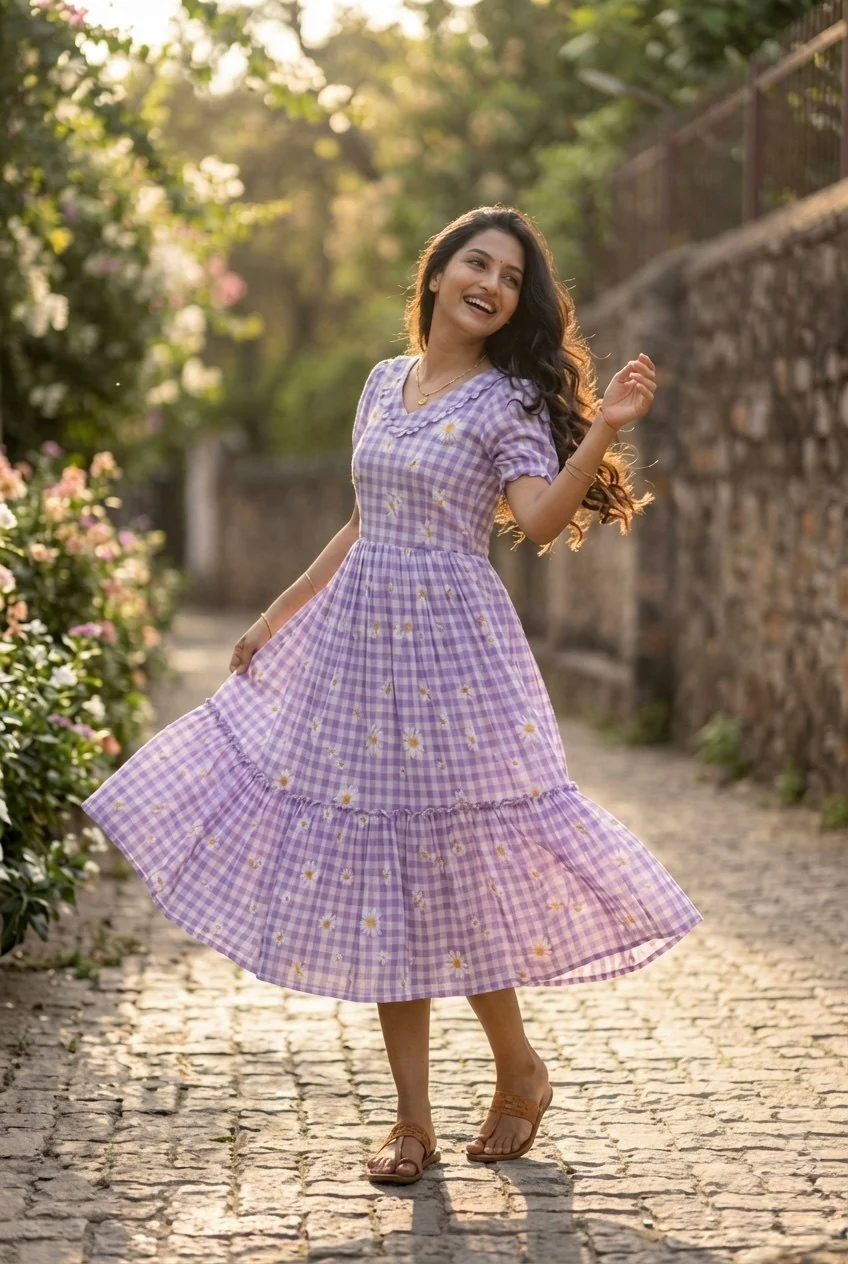 Trendy Muslin Silk Gingham Print Frill Pattern Kurti for Women - Image 9