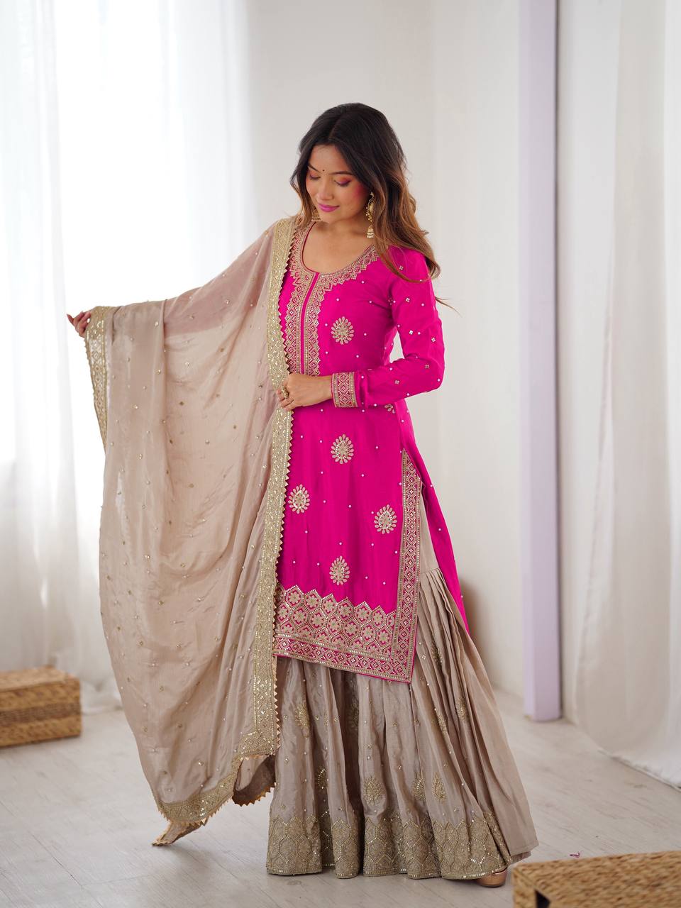 Trendy Pink Chinon Silk Sharara Set with Embroidered Dupatta - Image 2