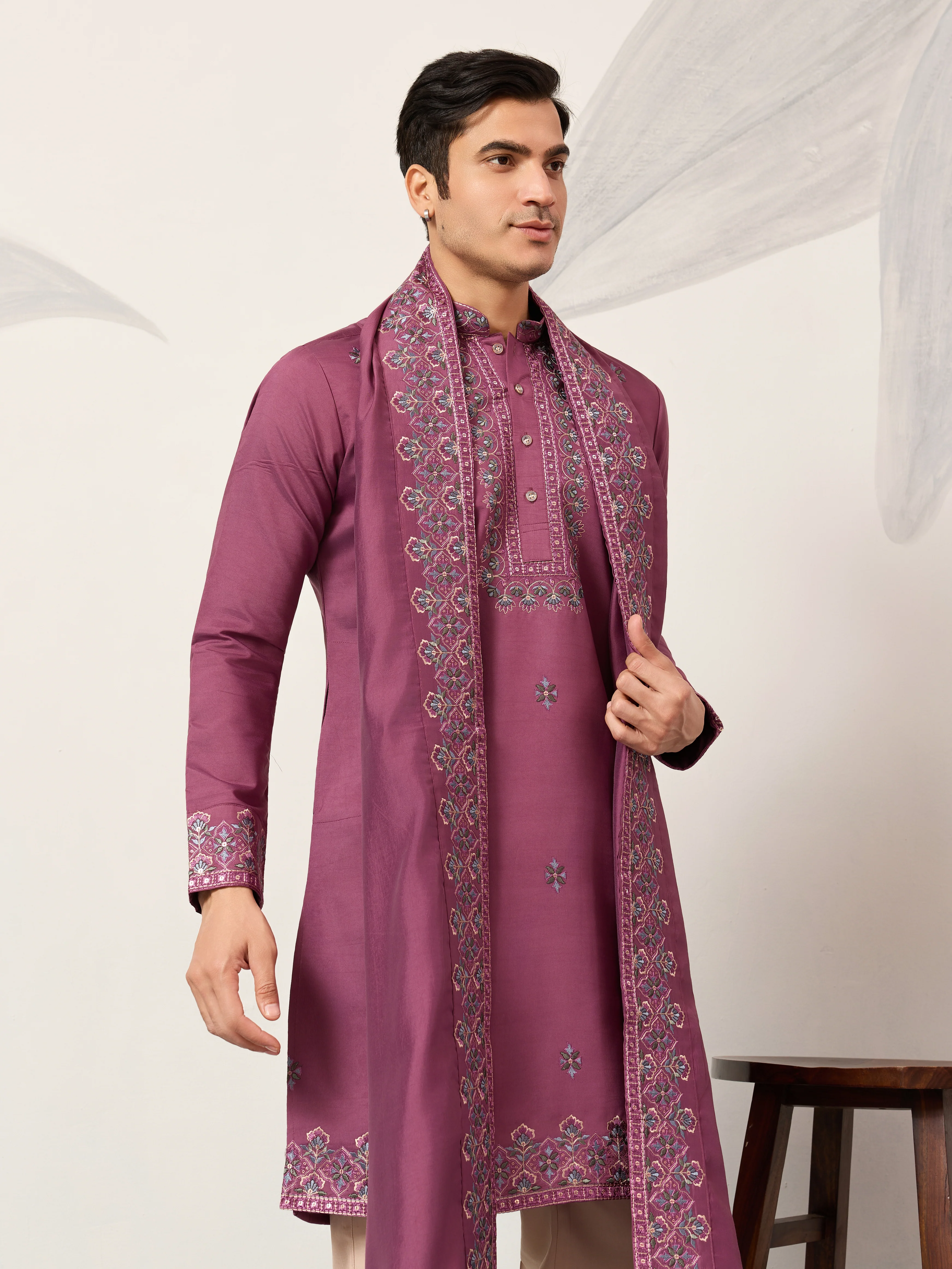 Trendy Pink Color Kurta with Dupatta for Mens Wear - Image 2