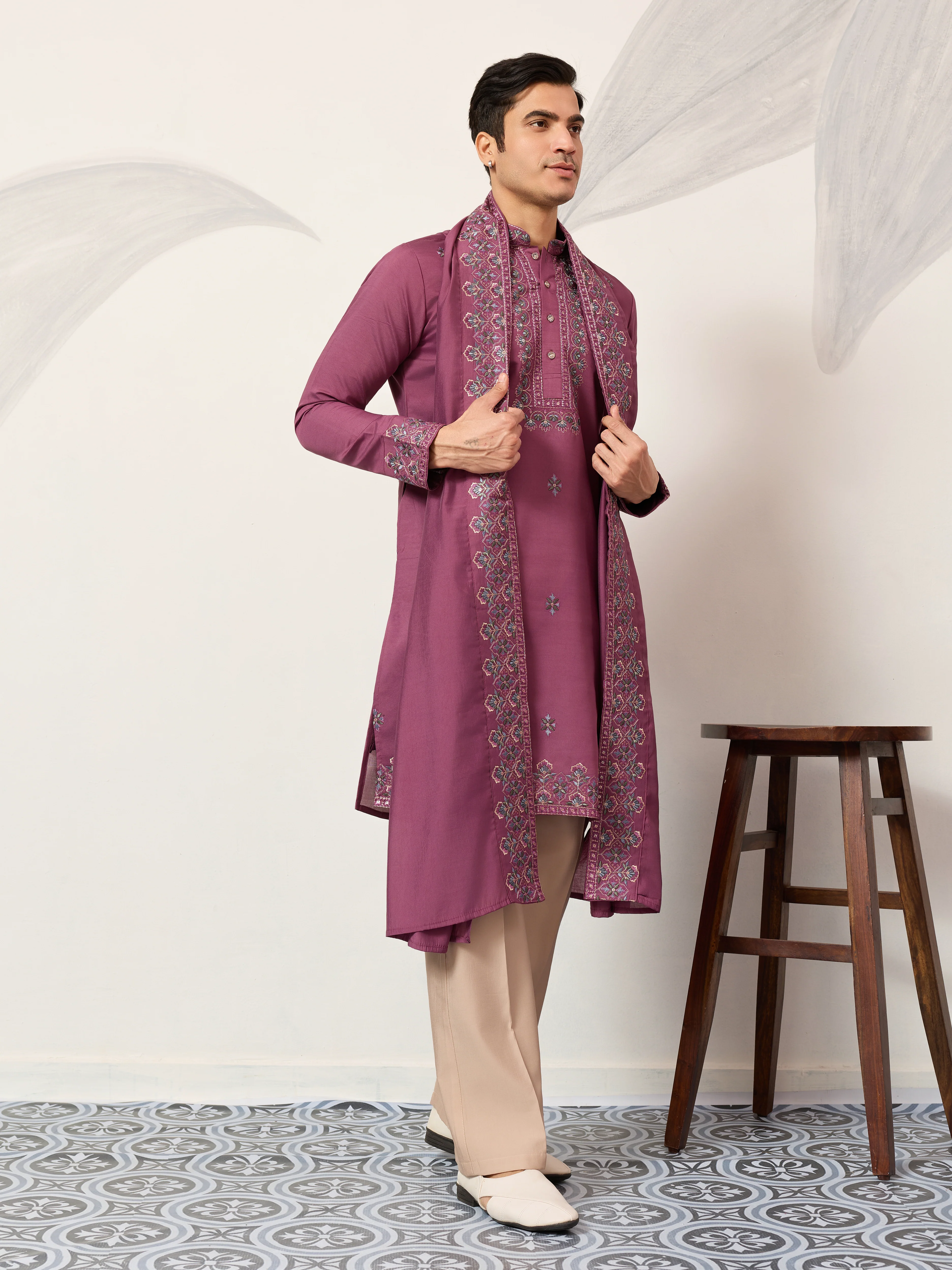 Trendy Pink Color Kurta with Dupatta for Mens Wear - Image 6