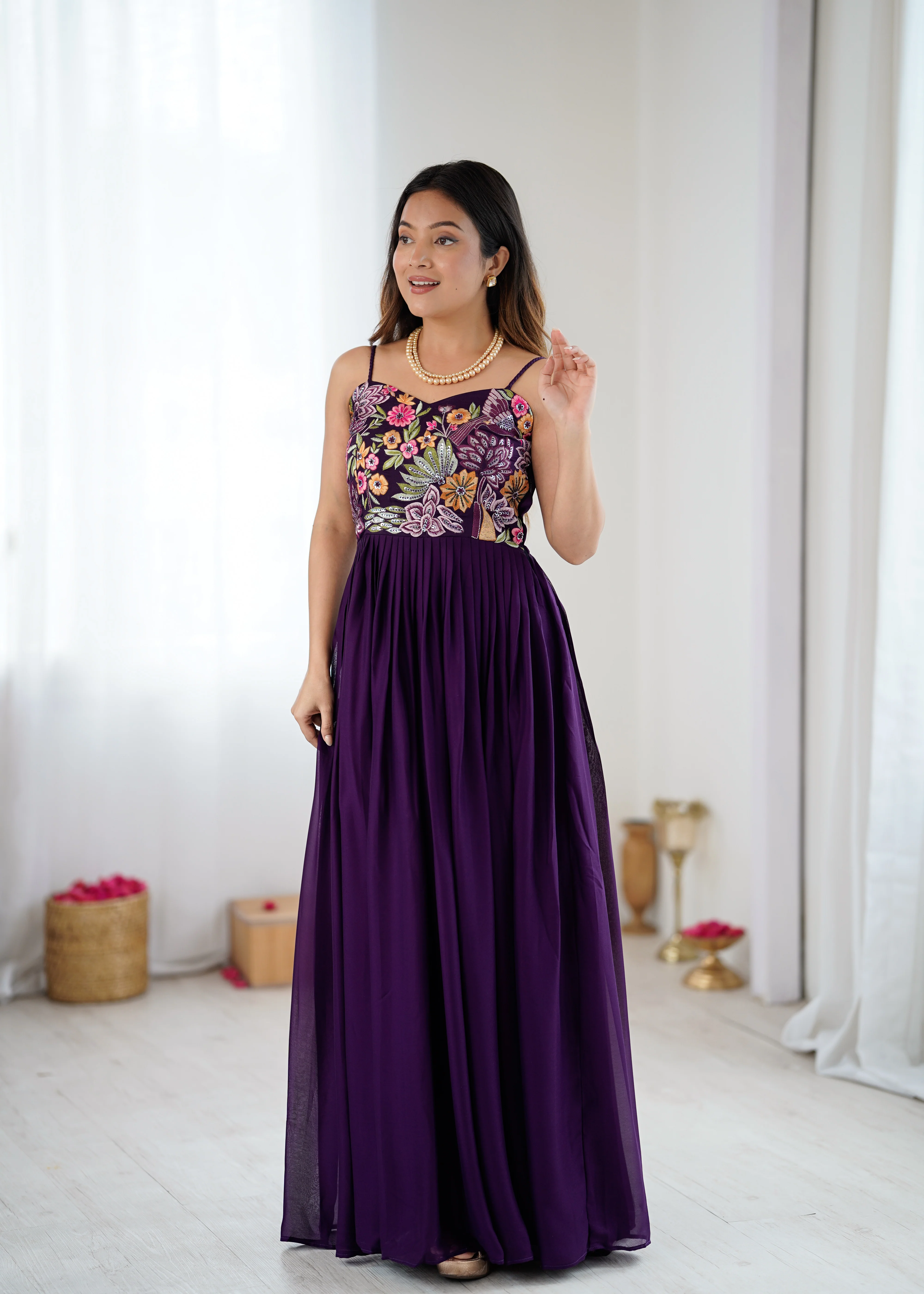 Trendy Purple Floral Embroidery Anarkali Gown for Festive Celebrations