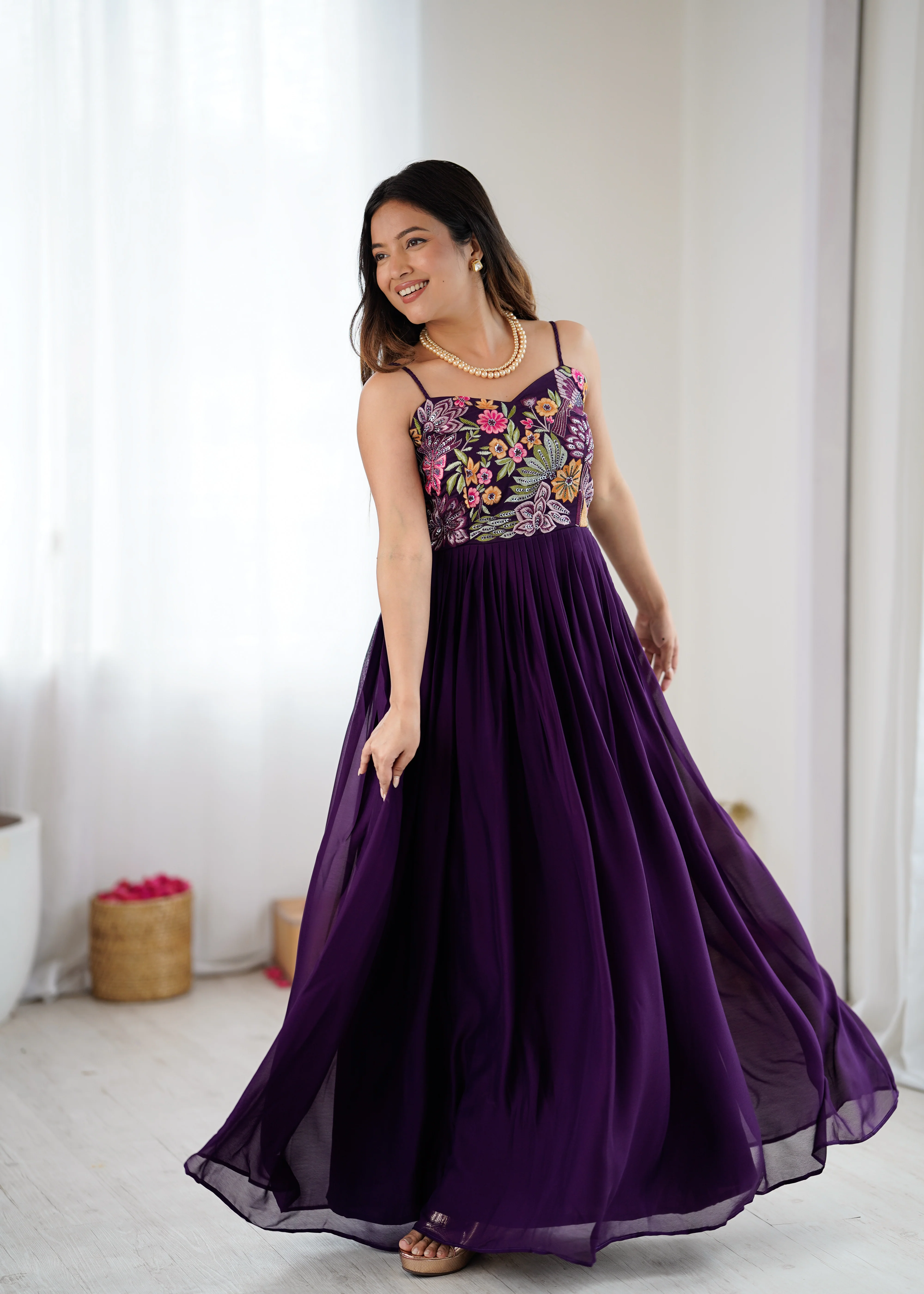 Trendy Purple Floral Embroidery Anarkali Gown for Festive Celebrations - Image 2