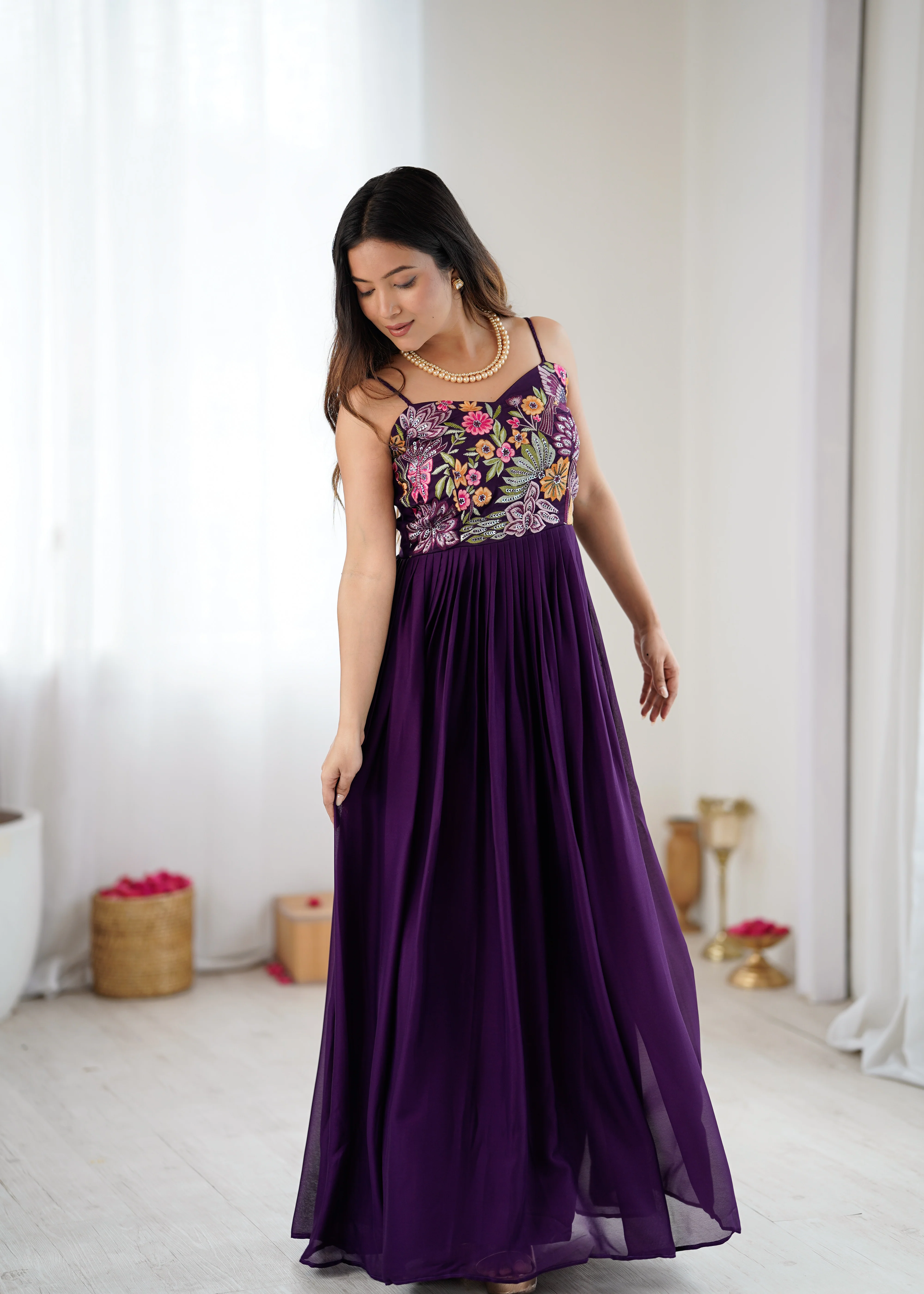 Trendy Purple Floral Embroidery Anarkali Gown for Festive Celebrations - Image 3
