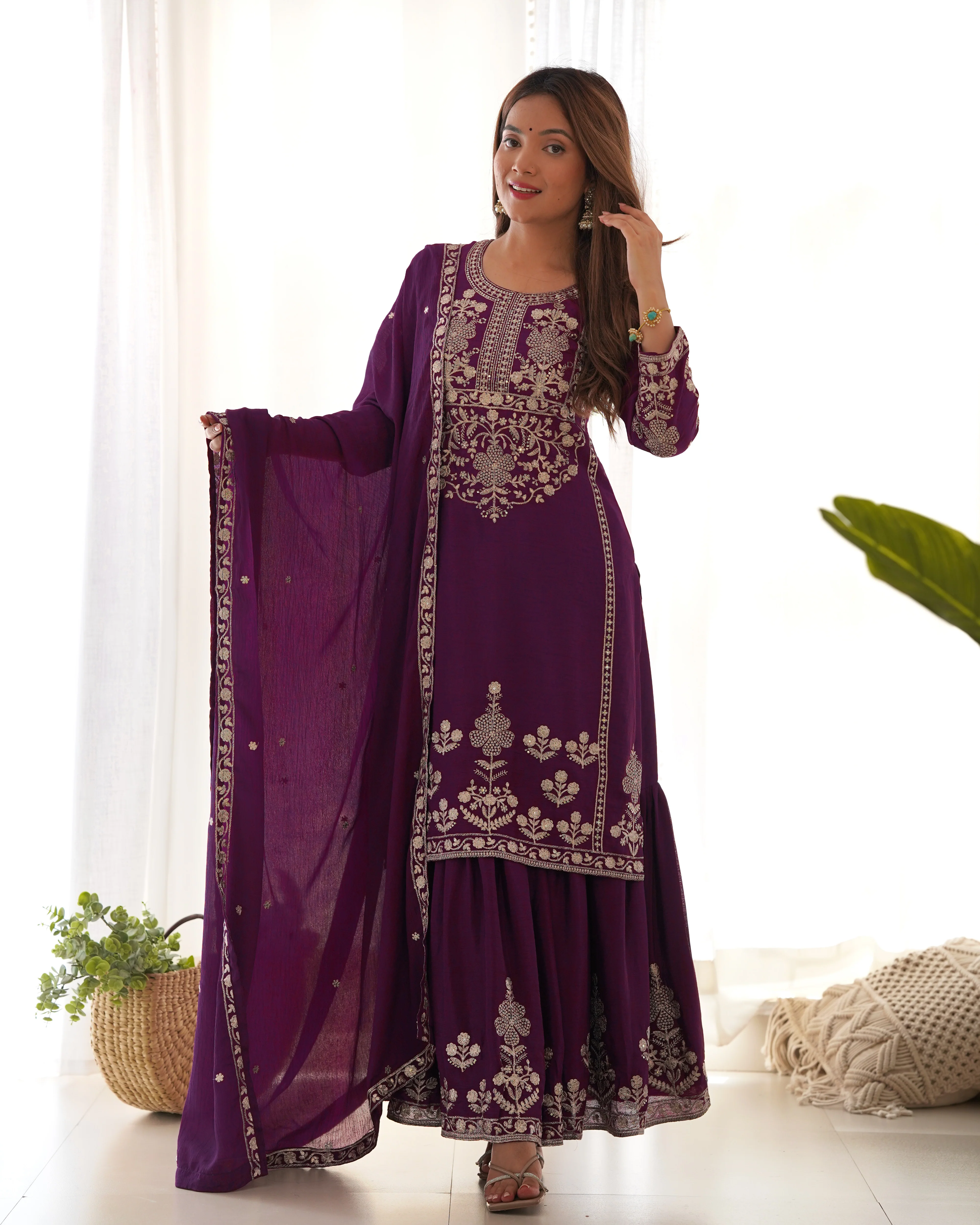 Trendy Purple Pure Chinon Silk Embroidery Sequence Work Sharara Suit Set - Image 2