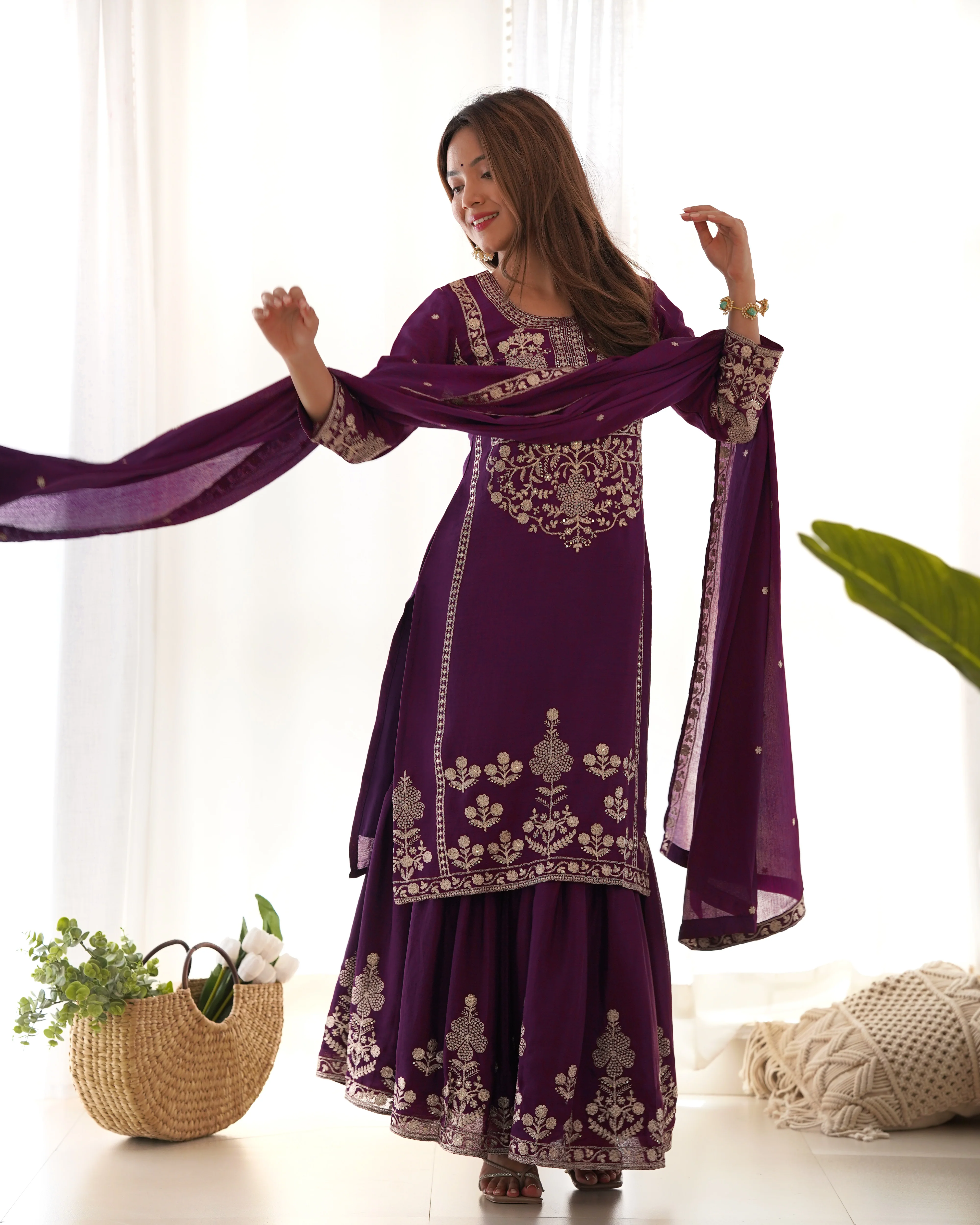 Trendy Purple Pure Chinon Silk Embroidery Sequence Work Sharara Suit Set - Image 3