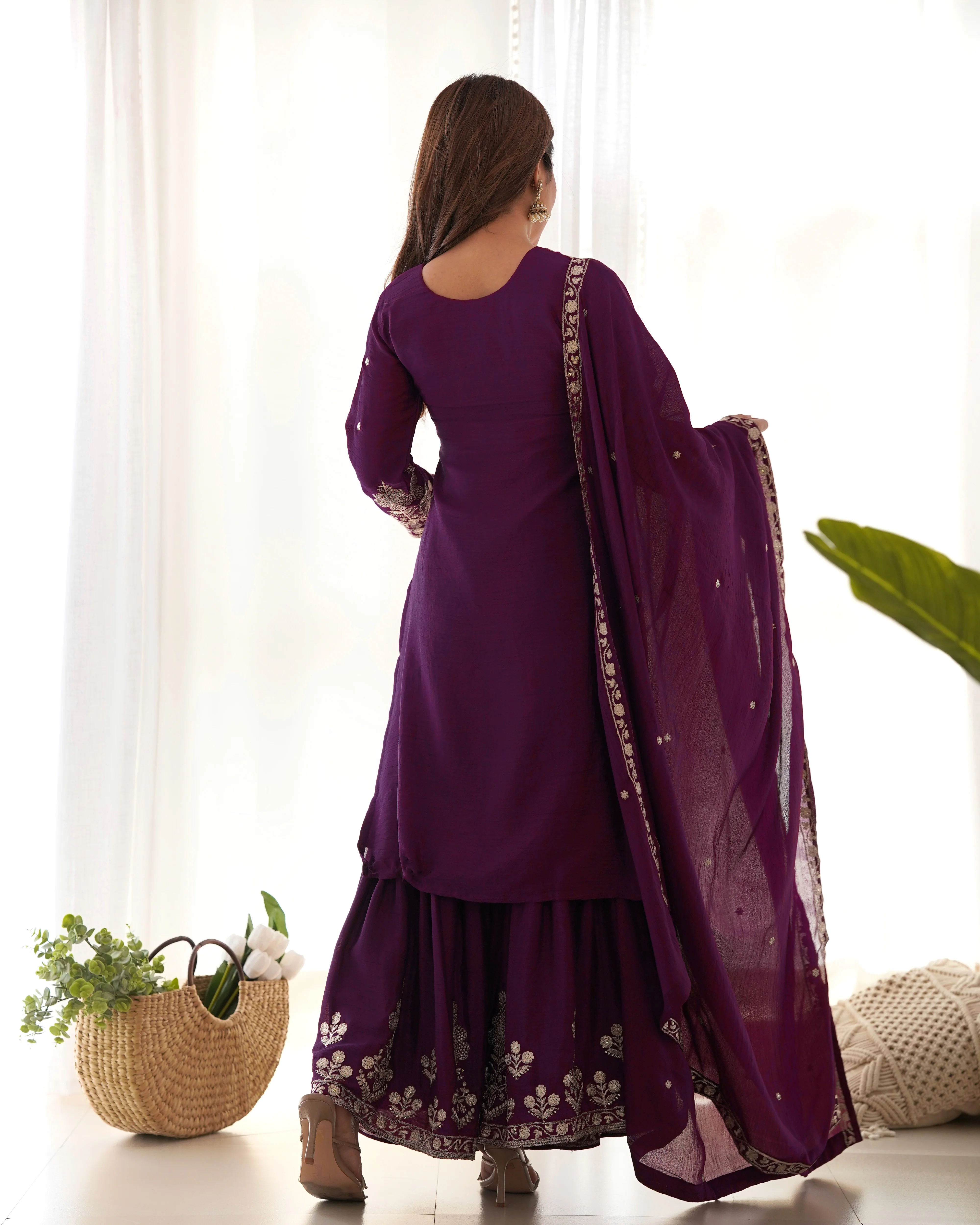 Trendy Purple Pure Chinon Silk Embroidery Sequence Work Sharara Suit Set - Image 5