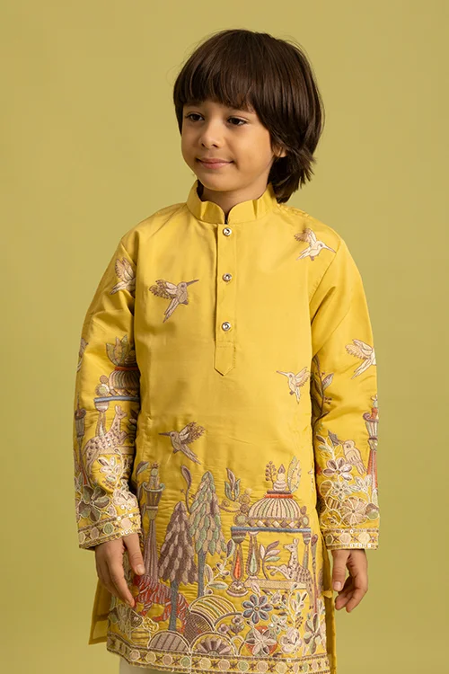 Vantara Style Yellow Kids Kurta Pajama Outfit - Image 2