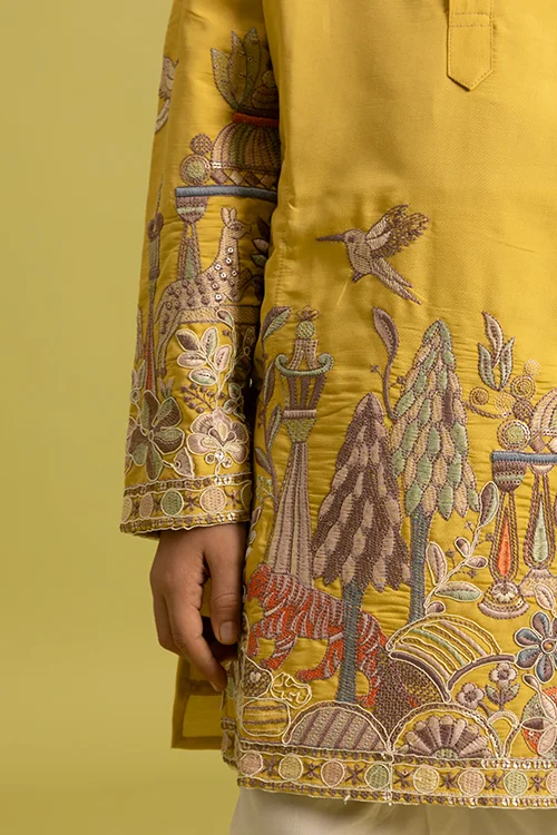 Vantara Style Yellow Kids Kurta Pajama Outfit - Image 4