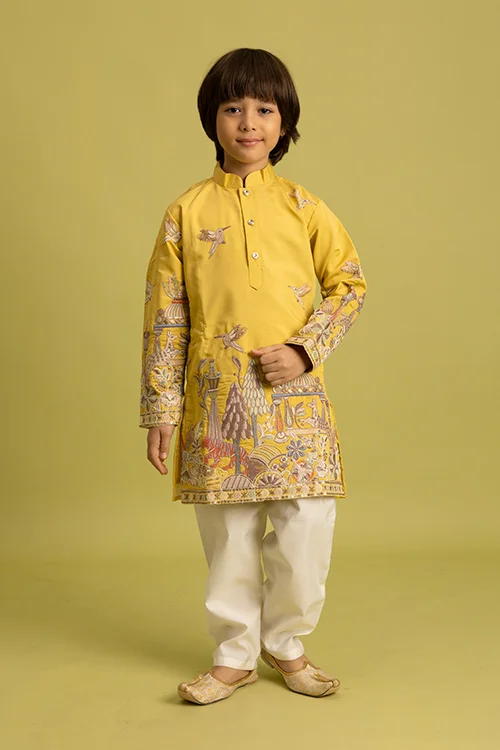 Vantara Style Yellow Kids Kurta Pajama Outfit - Image 5
