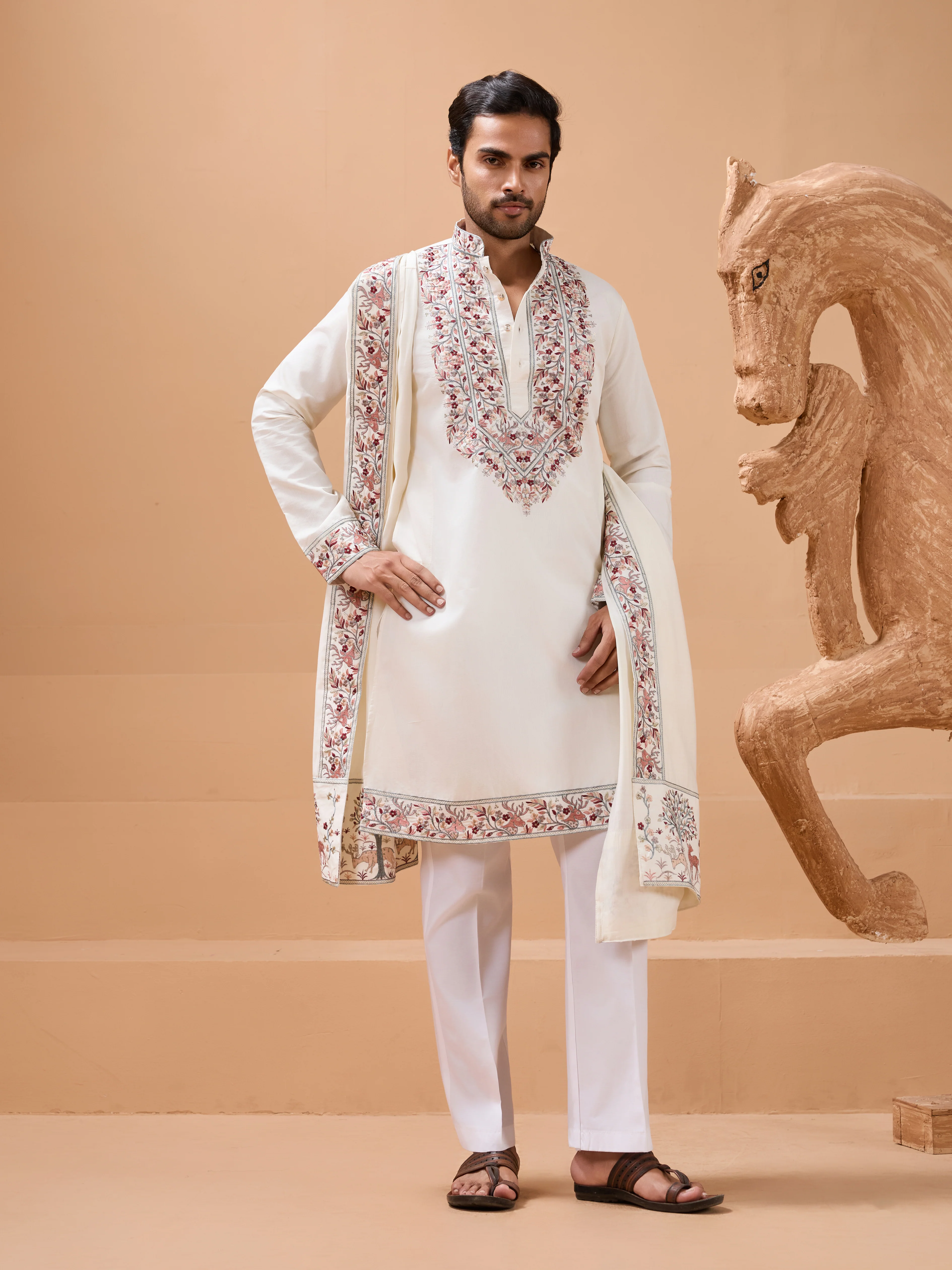 Vibrant Look White Kurta Dupatta Set for Mens Wear - Image 5