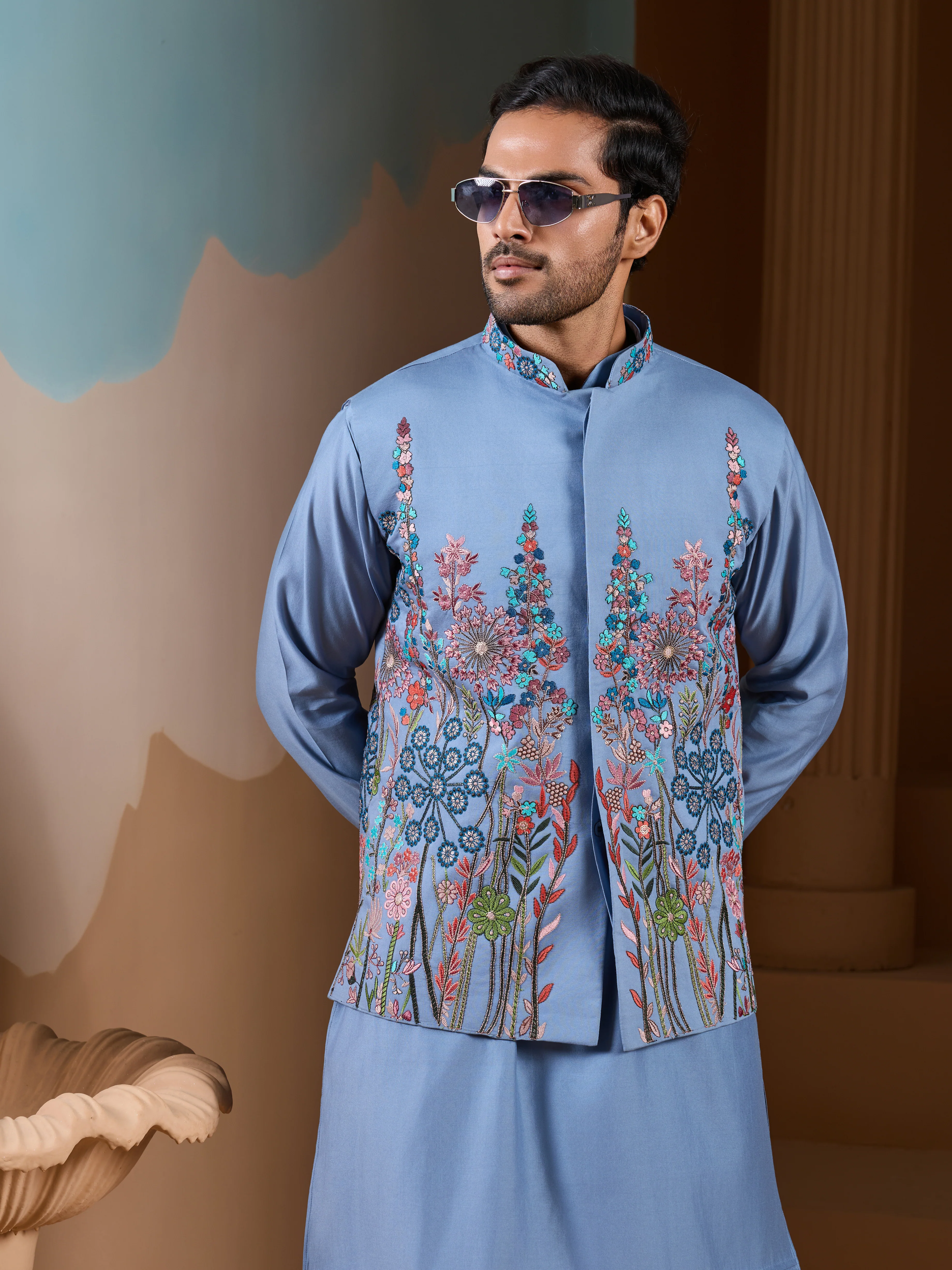 Vibrant Sky Blue Koti Kurta Pajama for Mens Outfits - Image 2
