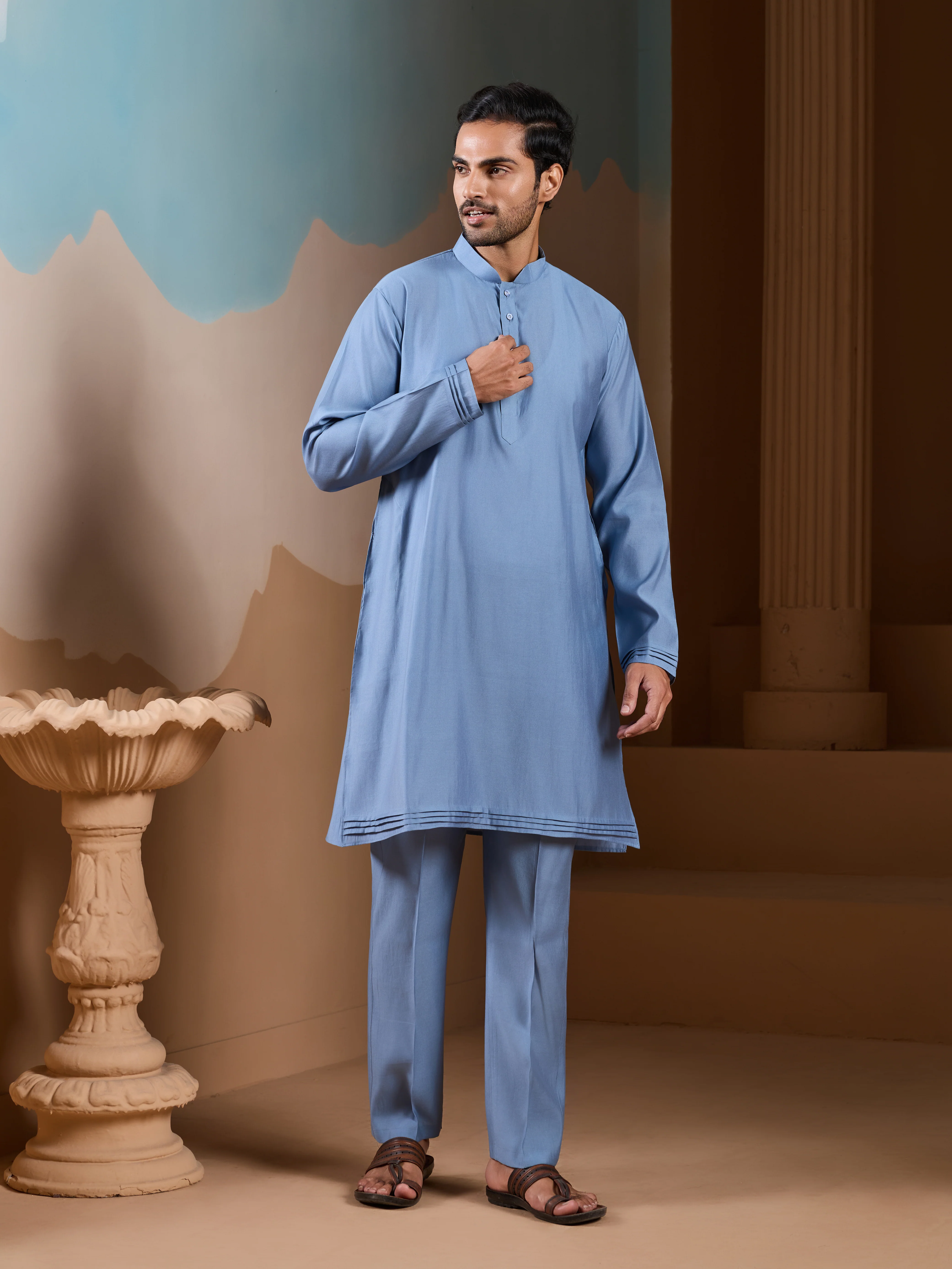 Vibrant Sky Blue Koti Kurta Pajama for Mens Outfits - Image 4