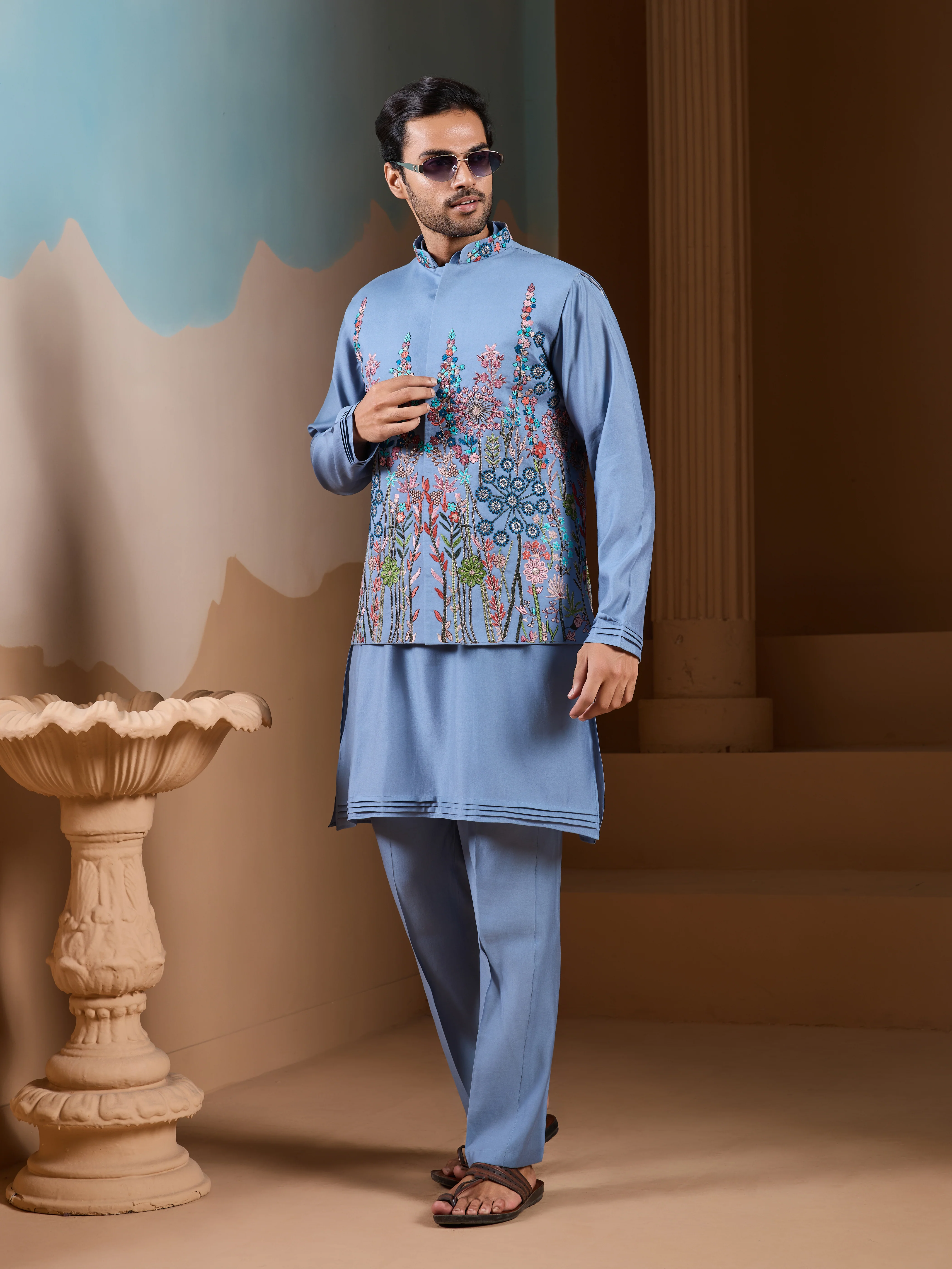 Vibrant Sky Blue Koti Kurta Pajama for Mens Outfits - Image 5