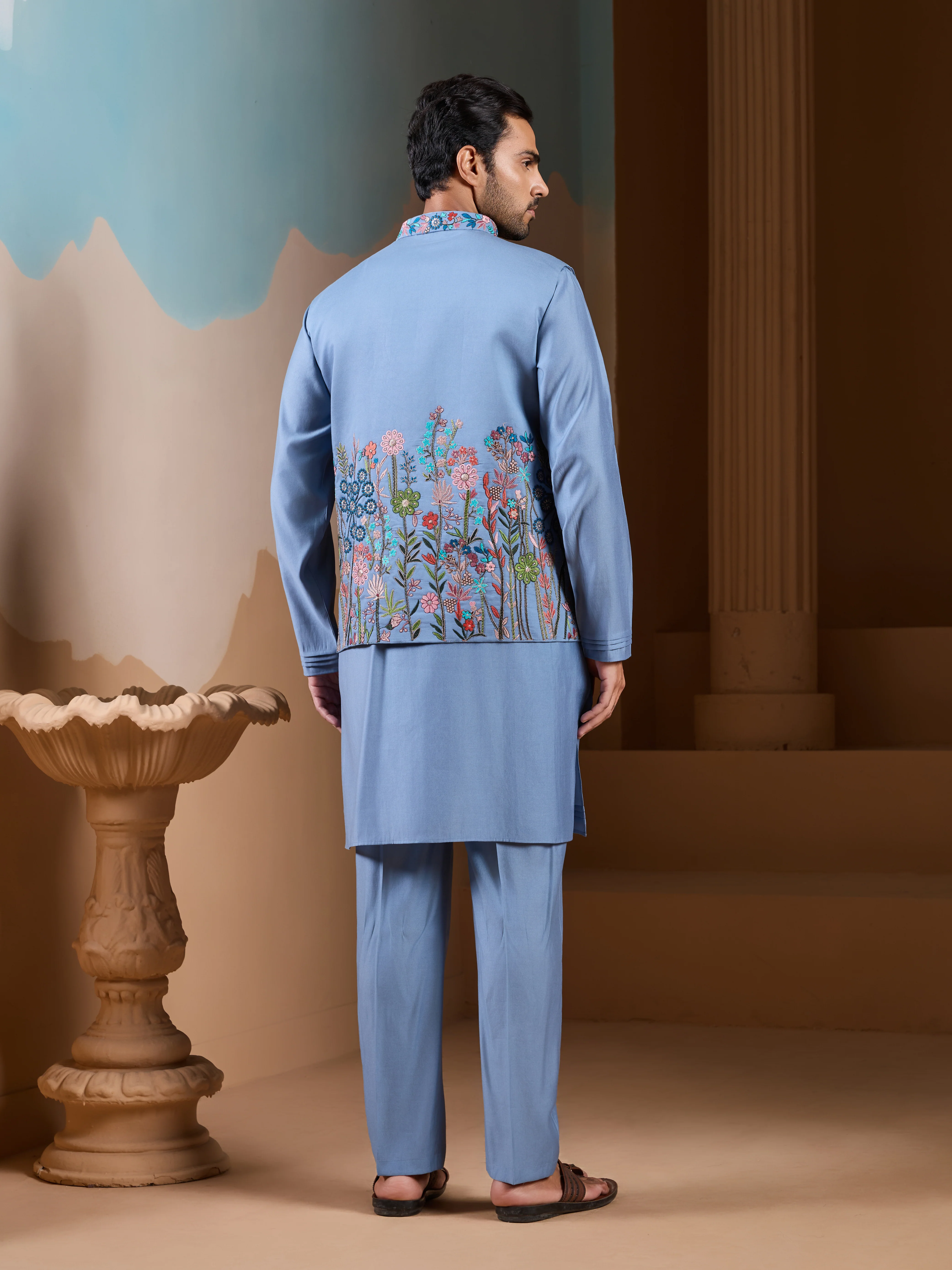 Vibrant Sky Blue Koti Kurta Pajama for Mens Outfits - Image 6