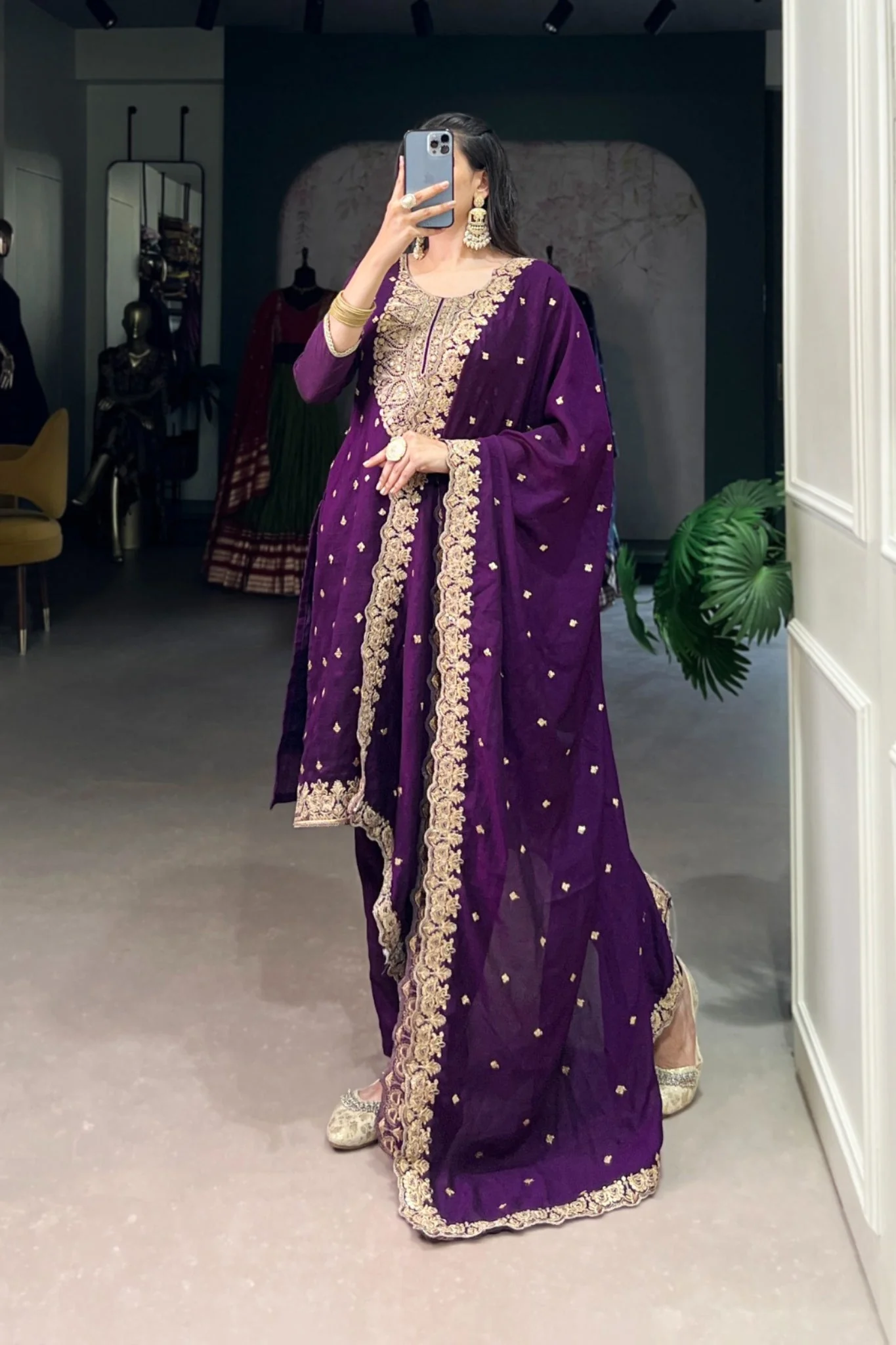 Vichitra Silk Embroidered Kurta With Dupatta & Bottom - Image 3