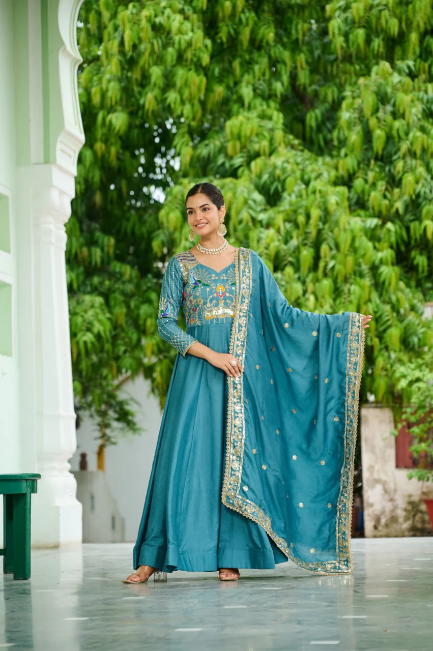 Vichitra Silk Gown with Rich Sequins, Multi-Thread & Zari Embroidery - Image 2