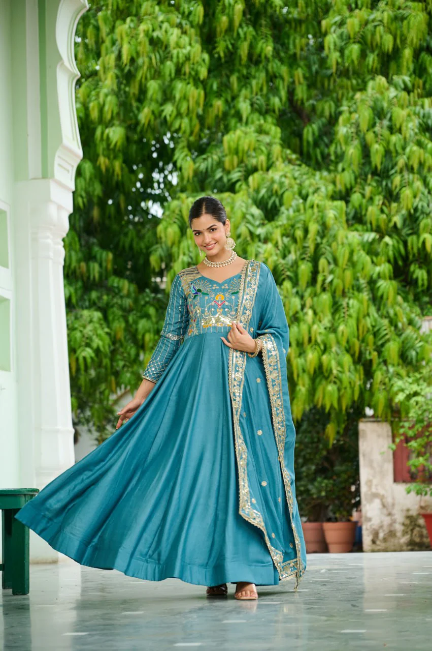 Vichitra Silk Gown with Rich Sequins, Multi-Thread & Zari Embroidery - Image 3