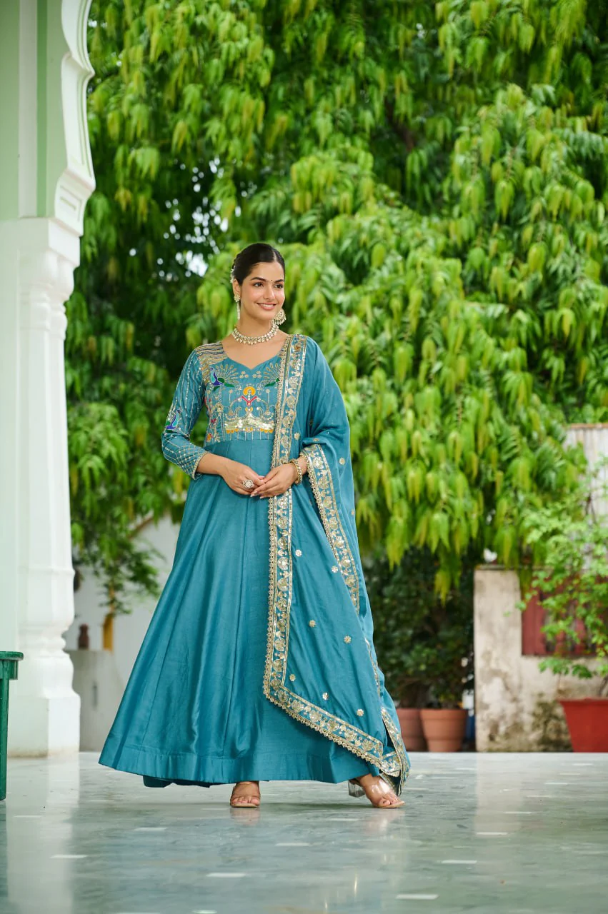 Vichitra Silk Gown with Rich Sequins, Multi-Thread & Zari Embroidery - Image 4