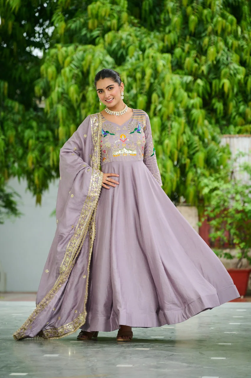 Vichitra Silk Gown with Rich Sequins, Multi-Thread & Zari Embroidery - Image 5