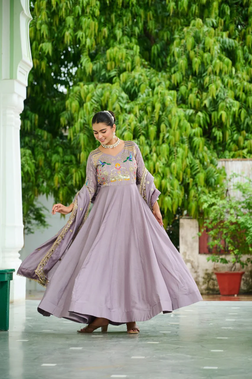 Vichitra Silk Gown with Rich Sequins, Multi-Thread & Zari Embroidery - Image 6