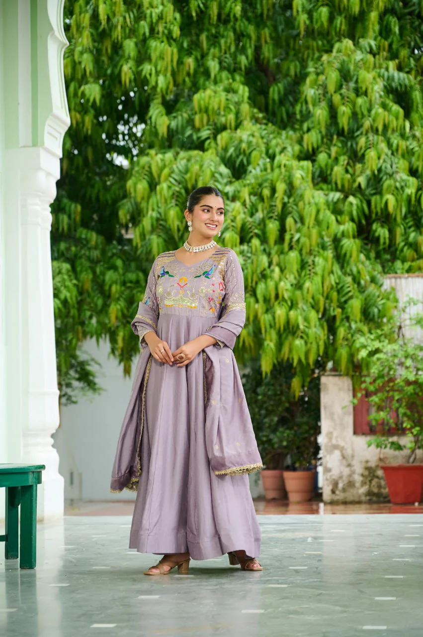 Vichitra Silk Gown with Rich Sequins, Multi-Thread & Zari Embroidery - Image 7