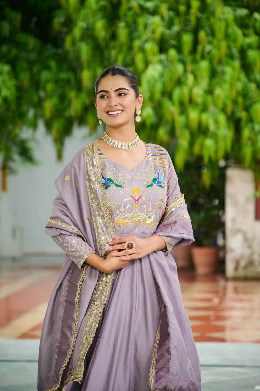 Vichitra Silk Gown with Rich Sequins, Multi-Thread & Zari Embroidery - Image 8