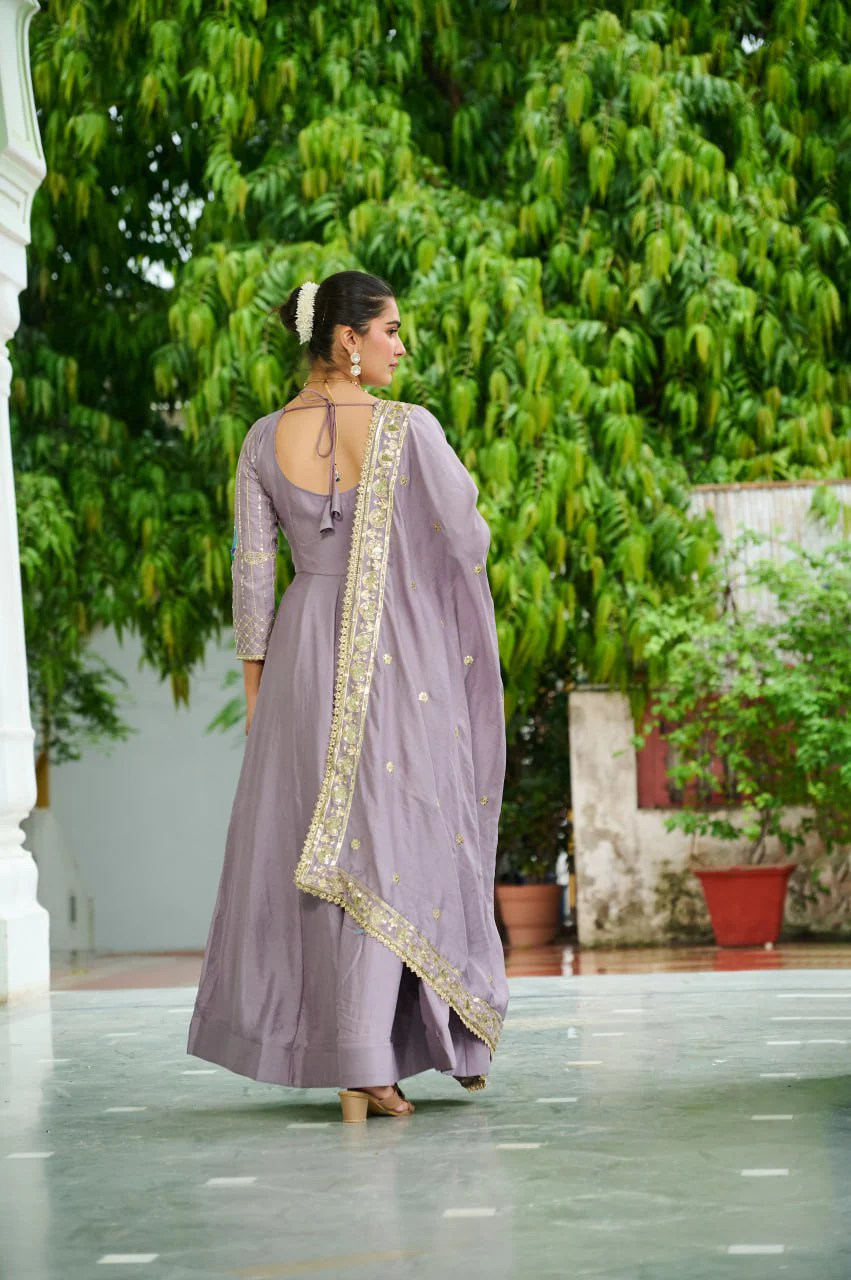 Vichitra Silk Gown with Rich Sequins, Multi-Thread & Zari Embroidery - Image 9
