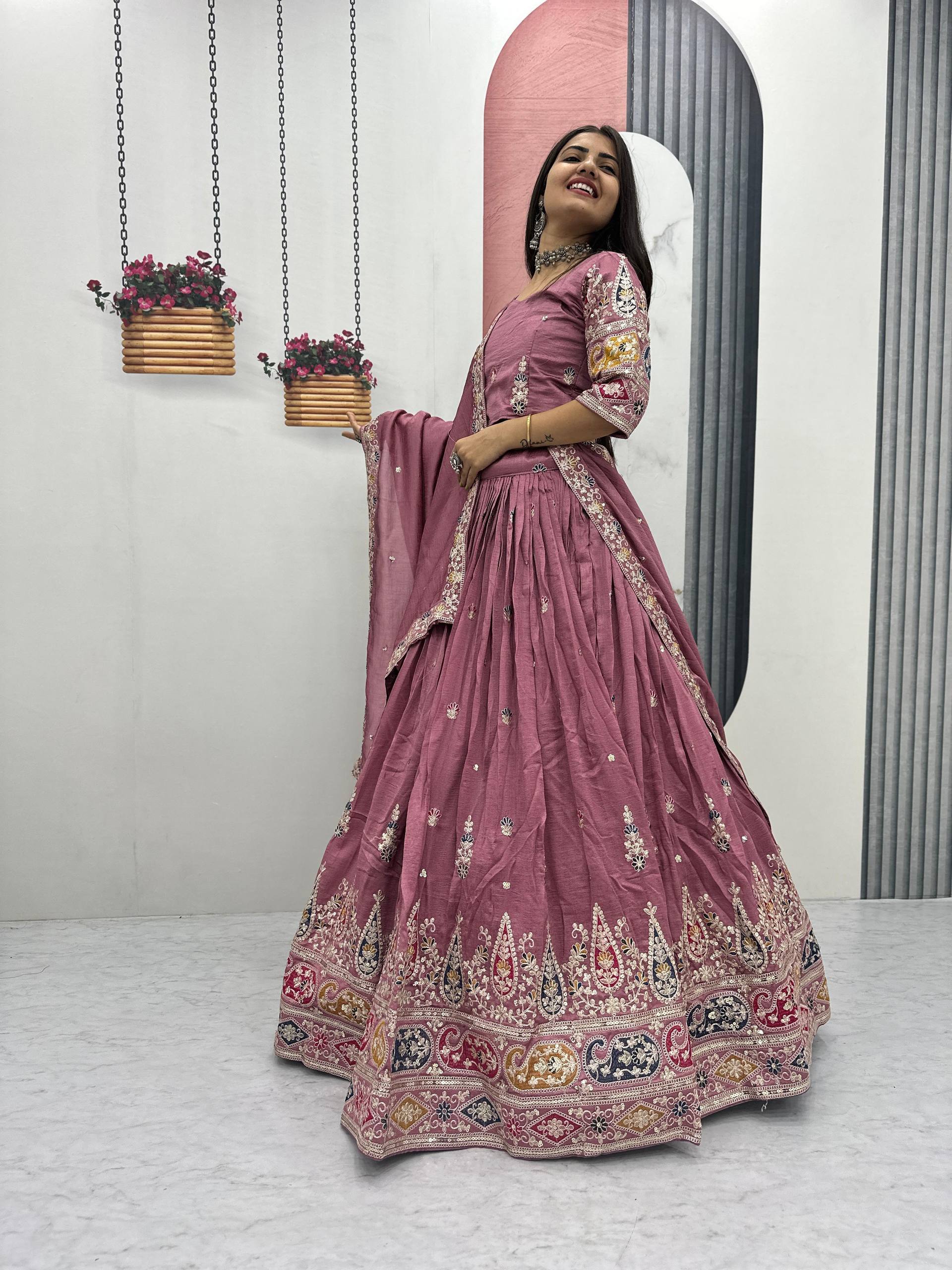 Vichitra Silk Lehenga Set with Sequin and Thread Detailing - Image 2