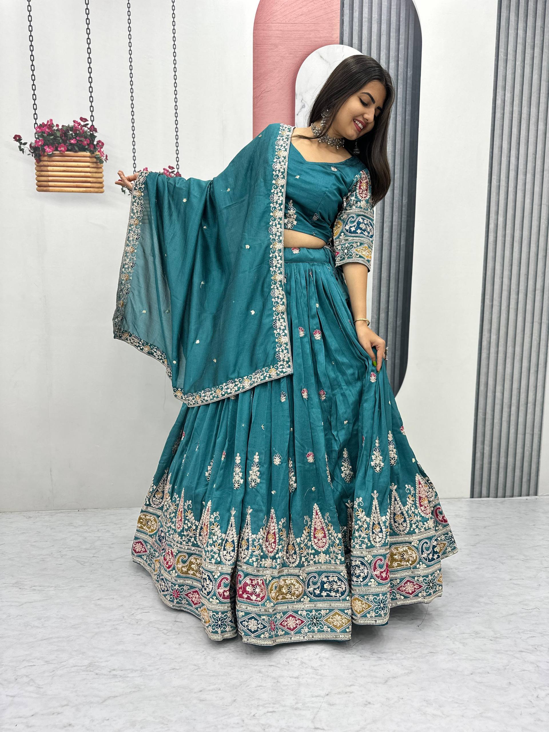 Vichitra Silk Lehenga Set with Sequin and Thread Detailing - Image 9