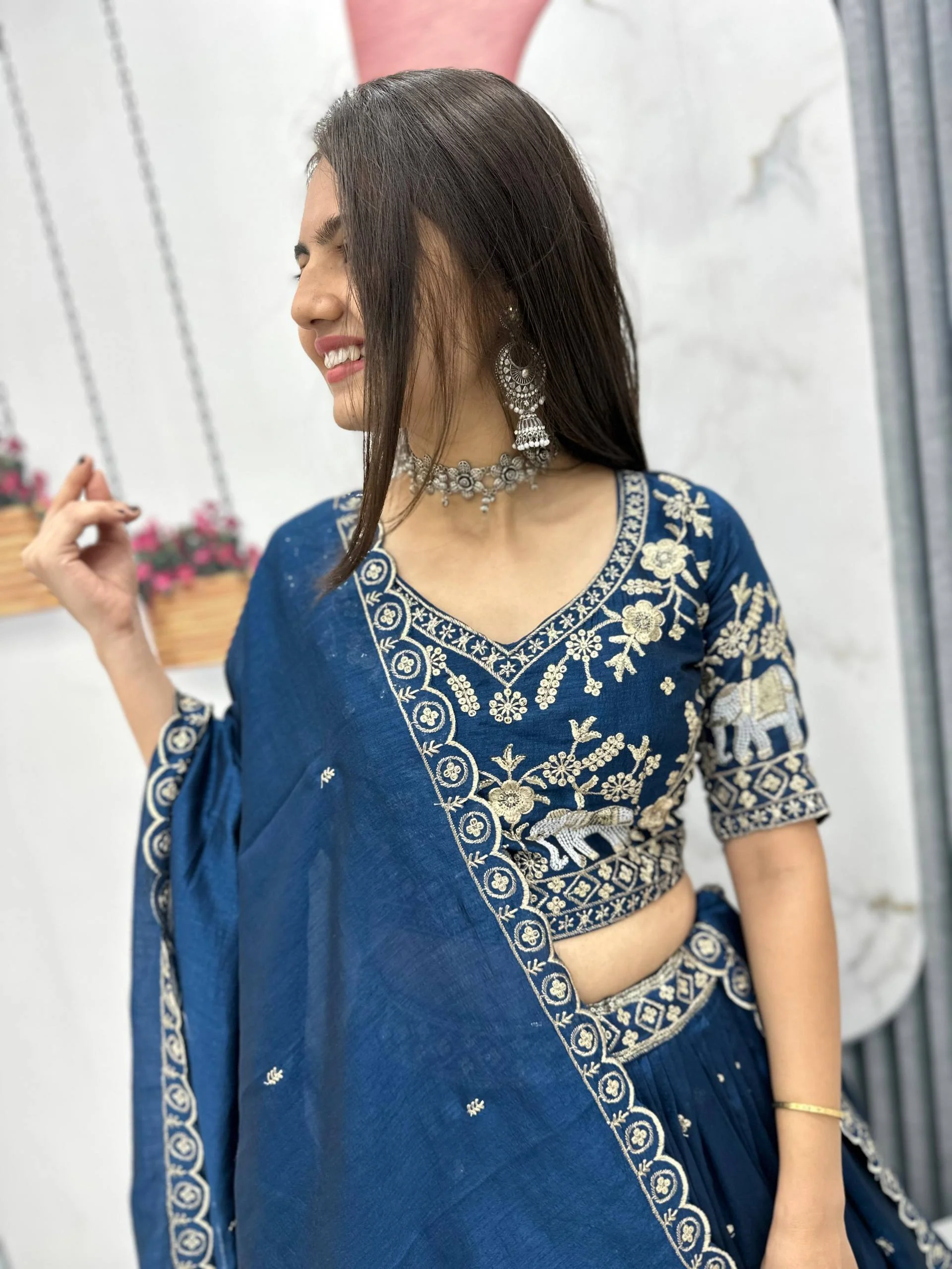 Pure Vichitra Silk Heavy Embroidered Lehenga Set with Dupatta - Image 10