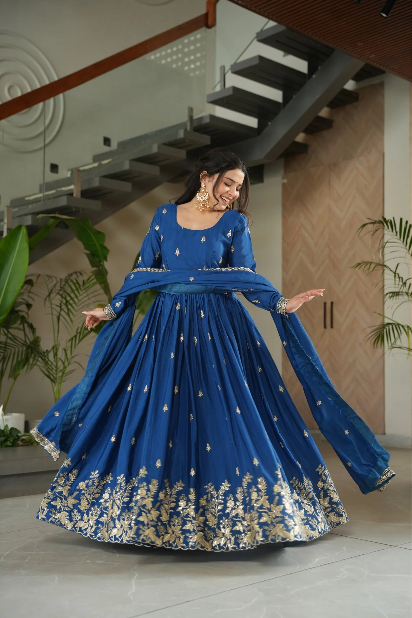 Wedding Designer Embroidered Zari Sequins Work Gown - Image 14
