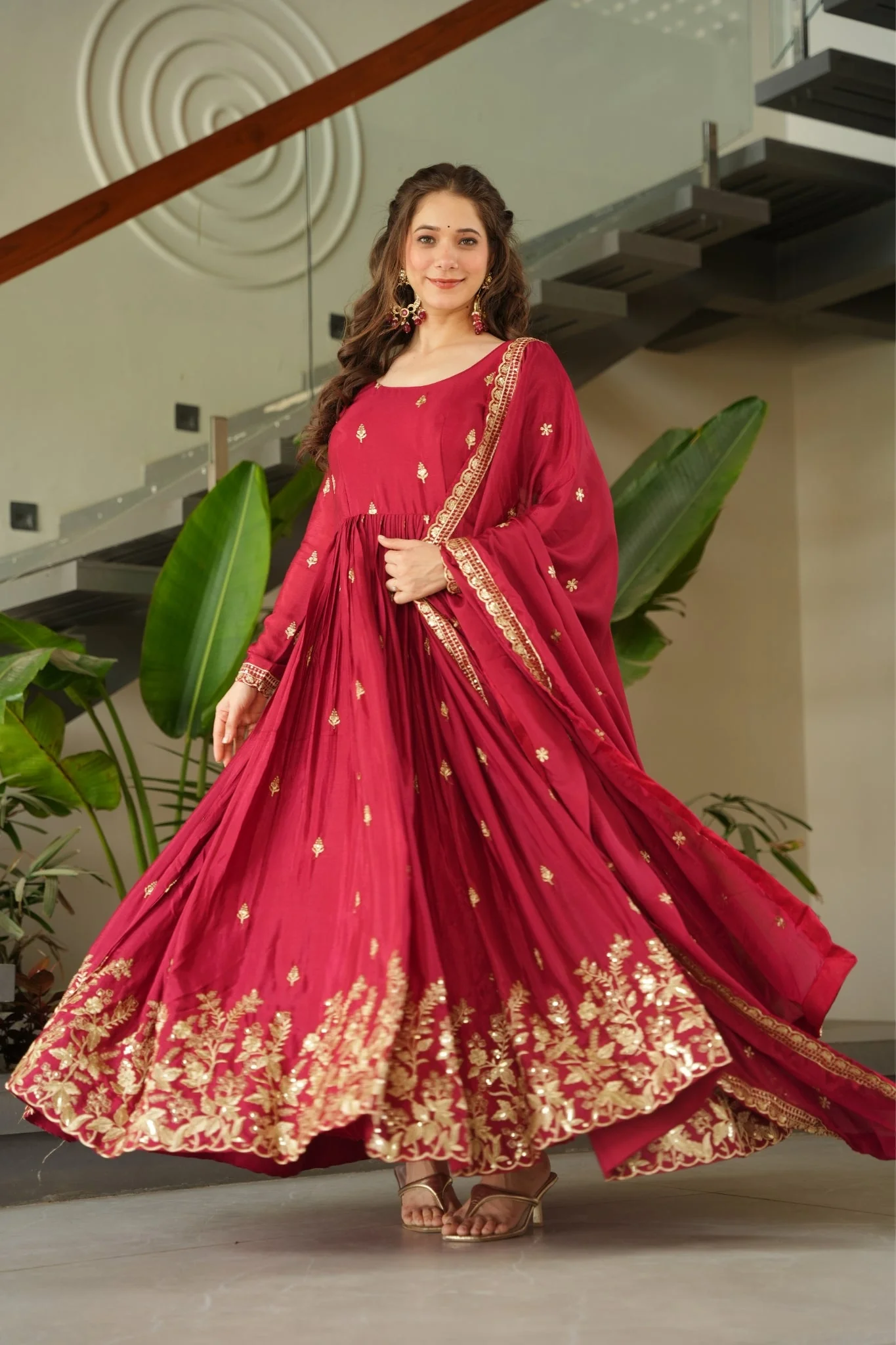 Wedding Designer Embroidered Zari Sequins Work Gown - Image 2